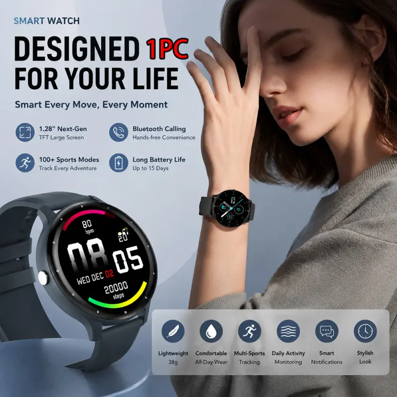 AI Full Touch Smartwatch: LED Flashlight & Compass for Night Running! Features 120+ sports modes, wireless calling, voice assistant, smart notifications & long battery life. Multi-language support. The ultimate fitness gift for family!