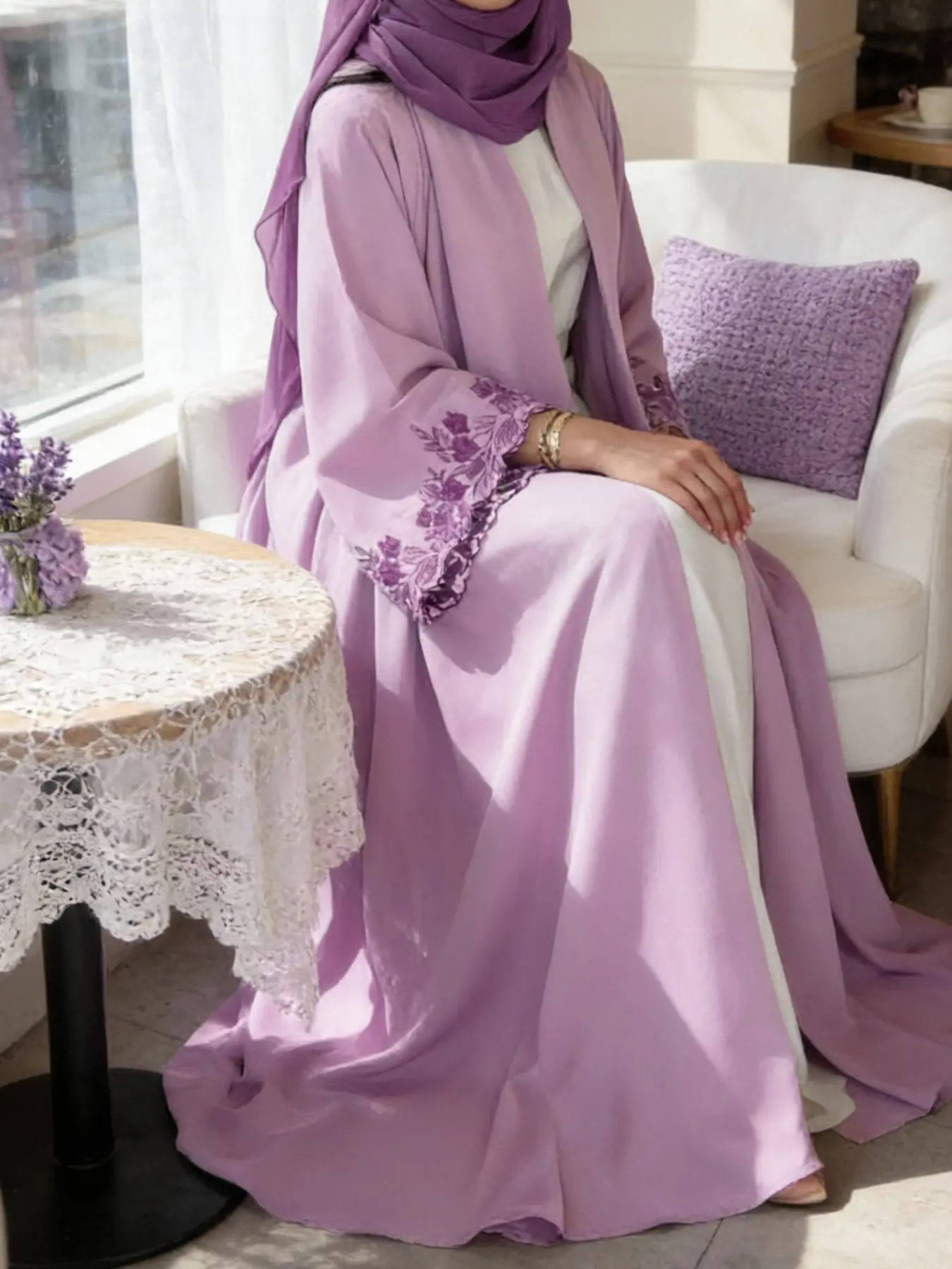 Elegant Embroidered Muslim Abaya Long Robe, Open Front Coat for Parties, Home, Dates, Casual Wear, Vacation, Islamic Abaya Dress