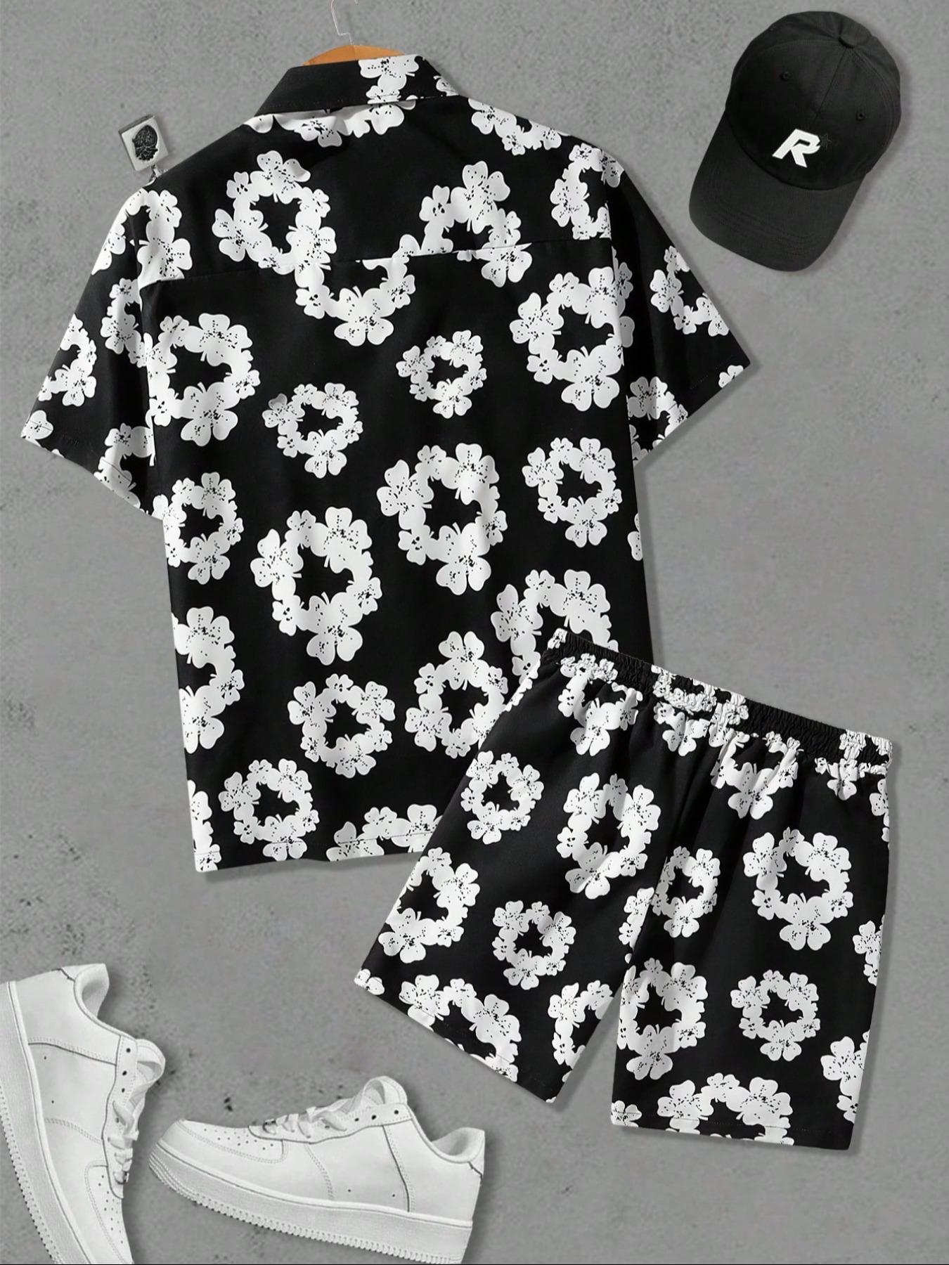 Men's Floral Print Shortsleeve Top & Shorts Two-piece Set, Regular Fit Casual Fashion Cozy Short Sleeve Collared Top & Track Shorts for Daily Outdoor Wear, Menswear for Summer, Tops Shorts Set
