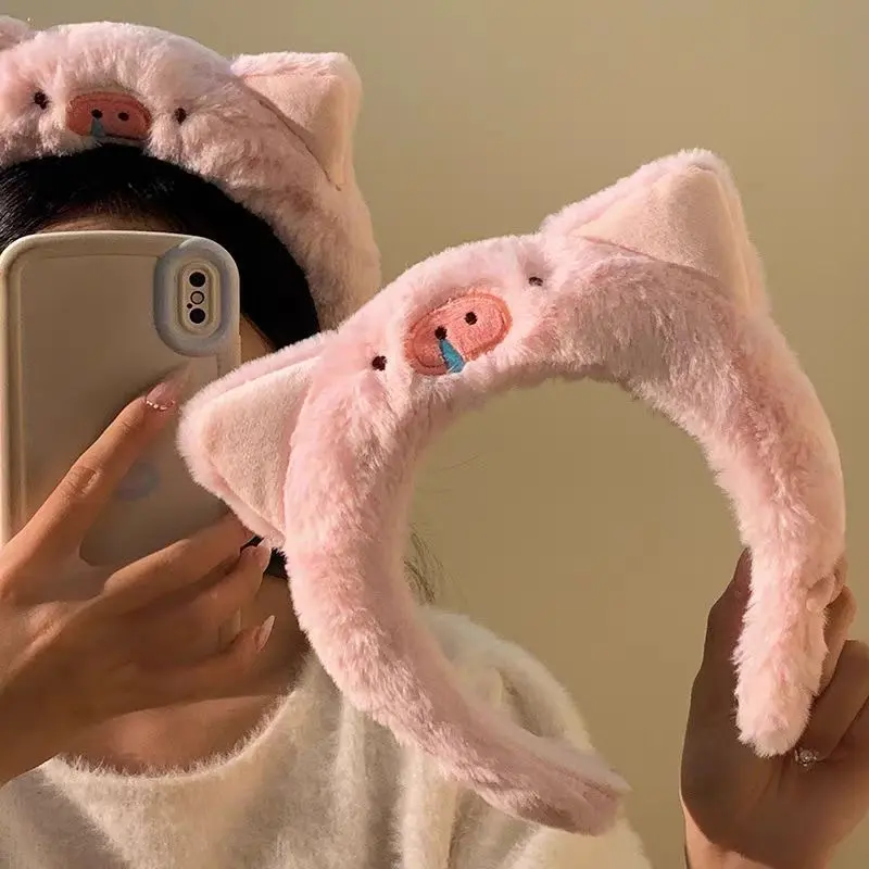 Cartoon Pig DIY Bag Accessory Headband - Cute Pink Plush Pig Ear, Funny Snot-Nosed Design, Soft Fluffy for Makeup, Washing Face, Cosplay Parties for Women