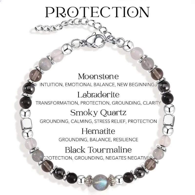 Natural Stone Beaded Bracelet - Hypoallergenic Steel+Stone Mixed Gems for Men, Adjustable Resizing Chain Stainless Steel Spacer Beads, Minimalist Boho Everyday Wear Gift (Moonstone, Labradorite, Smoky Quartz, Black Tourmaline, Hematite)