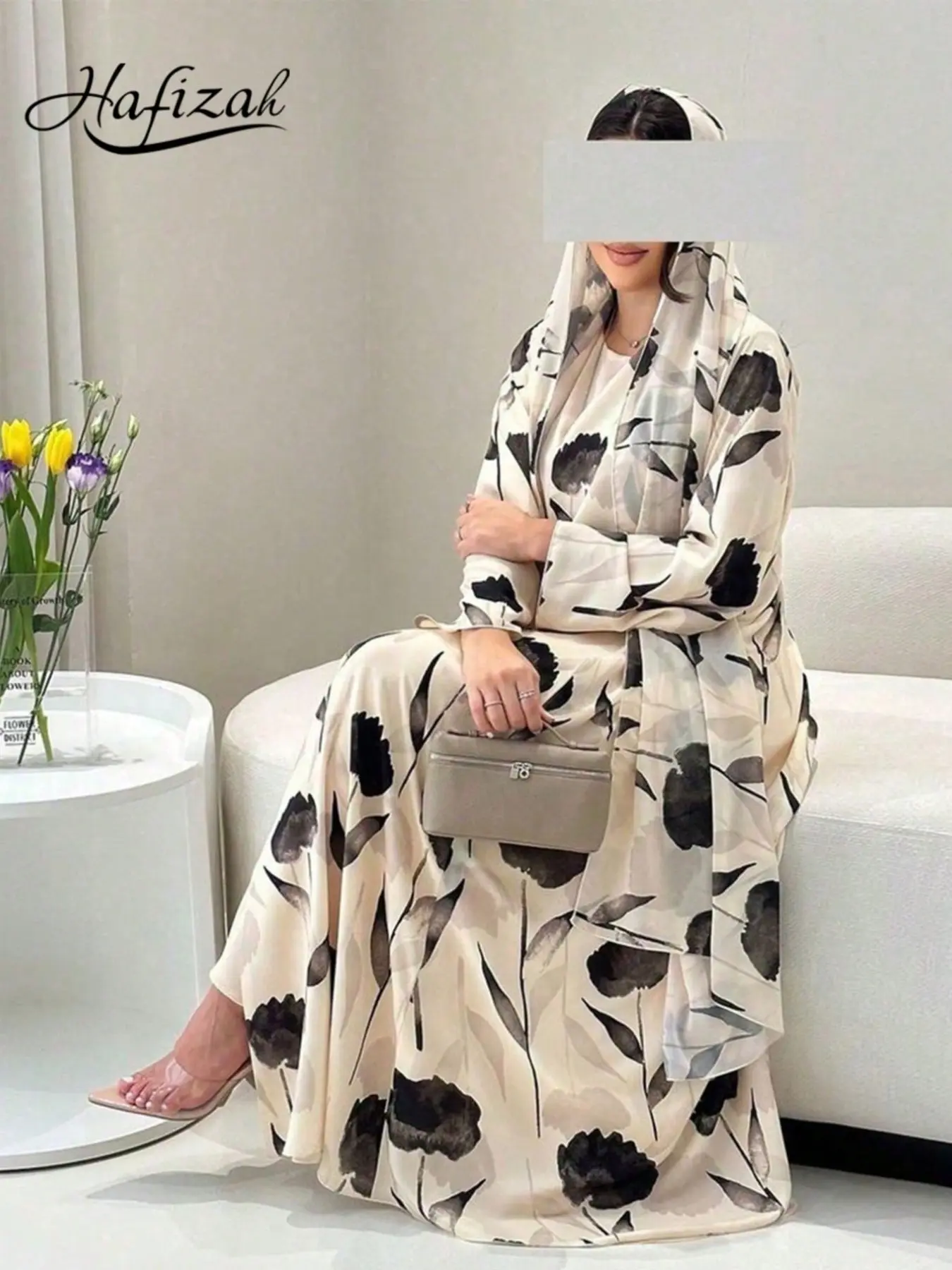 Watercolor Flower Print Long Cardigan Scarf Set Matching, Soft Chiffon Breathable Lightweight Loose Fit Casual Women's Outerwear Clothes, All Seasons Fashion