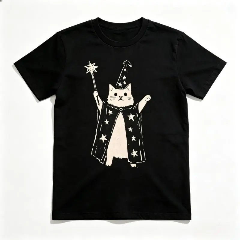 Oversized Graphic Short-Sleeve Wizard Cat with Star Wand Vintage Washed Batik Cotton T-Shirt, Unisex S-5XL Pre-Shrunk Super Soft Casual Sports Apparel