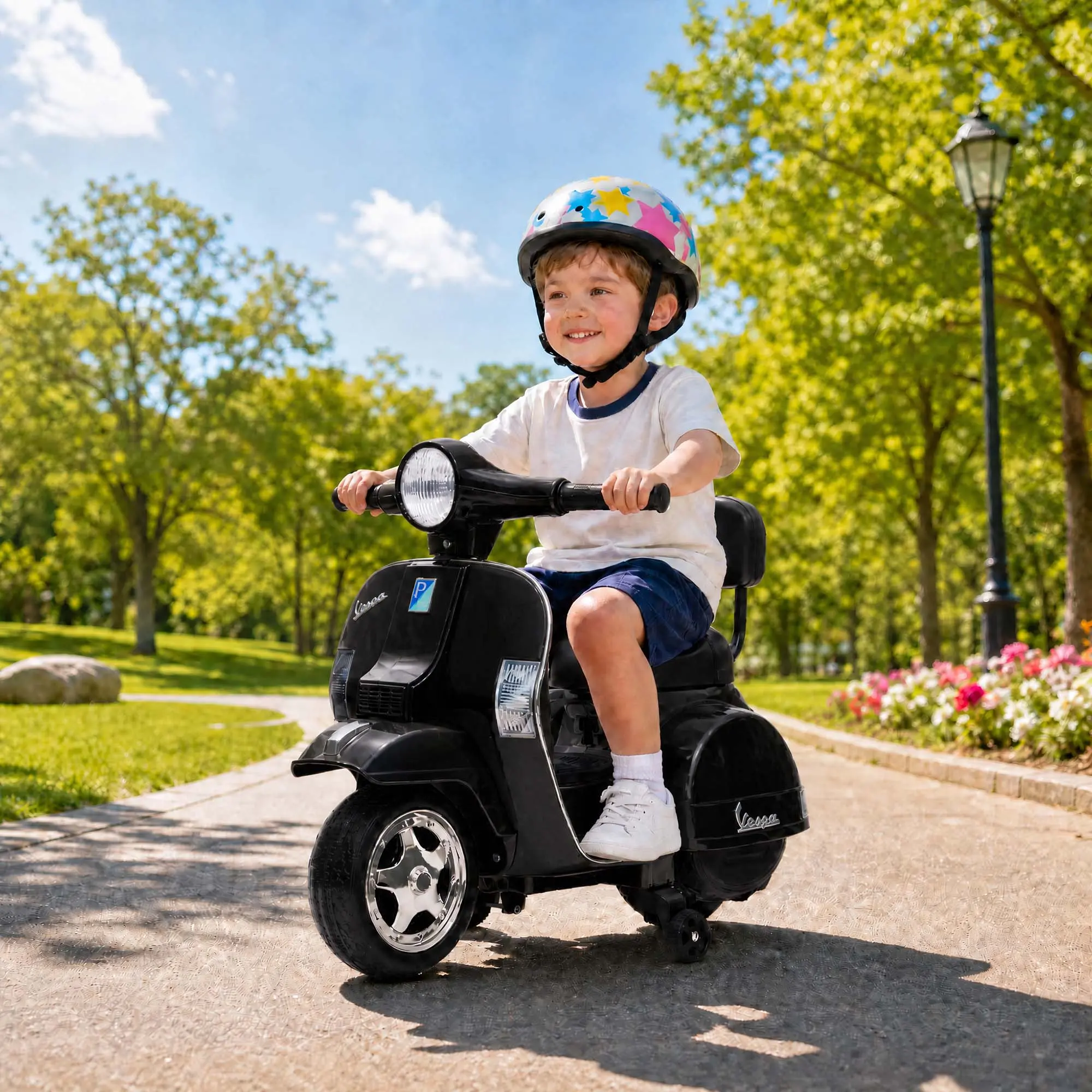 6V Licensed Vespa Unisex Kids Ride-On Scooter - Electric Motorcycle Toy with 4-Wheel Anti-Roll Structure, Training Wheels, Headlights for 1.5-4 yrs Toddlers