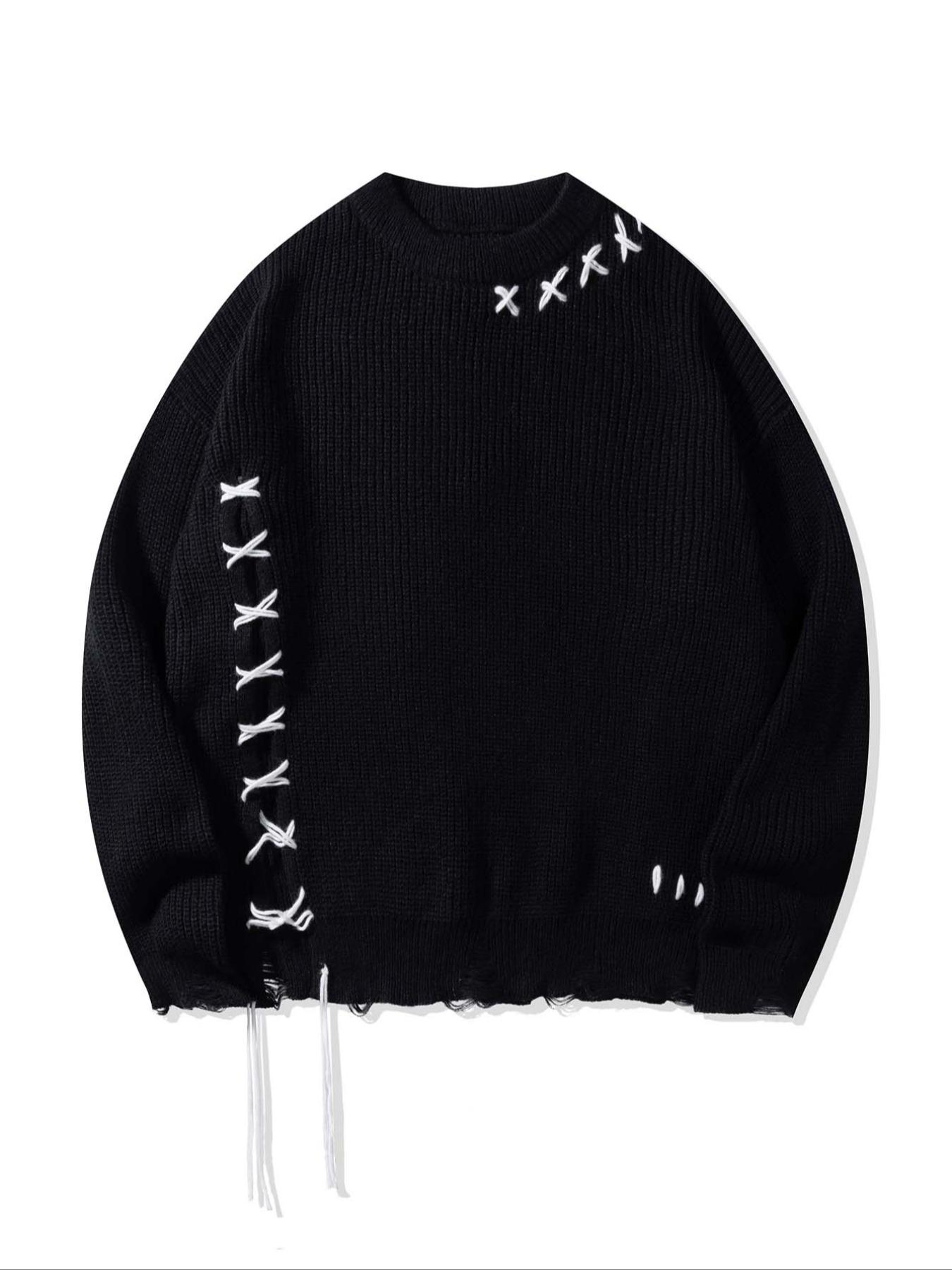Men's Ripped Lace Up Drop Shoulder Sweater, Loose Casual Street Punk Fashion Long Sleeve Round Neck Jumper for Spring & Fall, Fashion Men's Knitwear for Daily Wear, Menswear Streetwear Tops Knit Fabric Pullover
