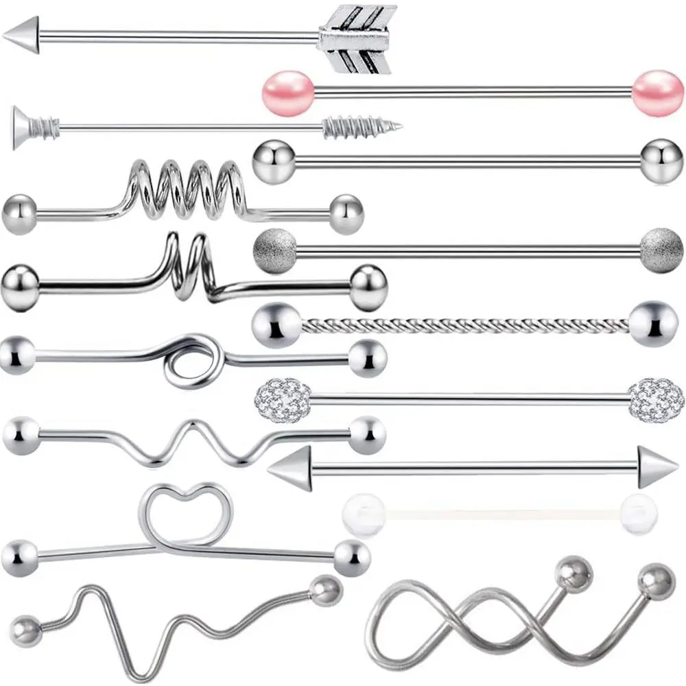 7-16pcs 14G Stainless Steel Industrial  Barbell Earring Cartilage   38mm 1&1/2 Inch Industrial  Bar for Women Men Snake Chain Dangle