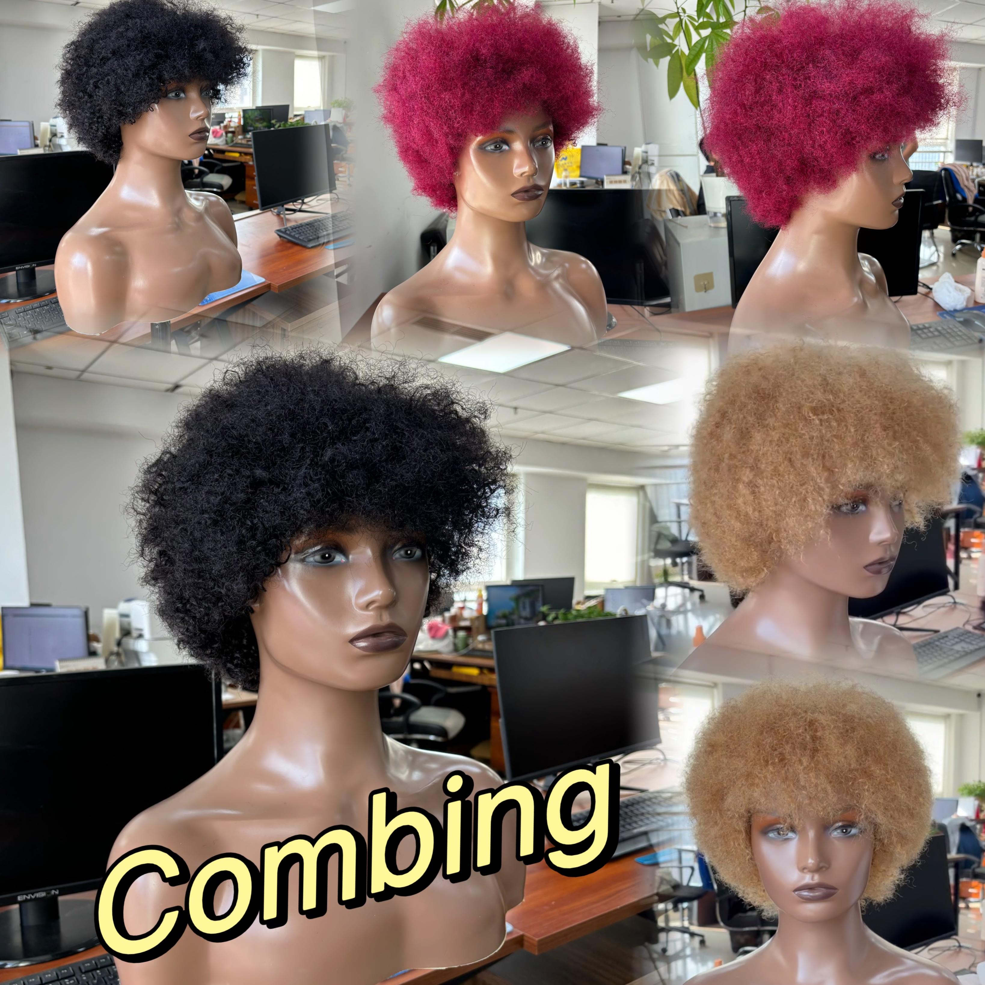 Glueless Wigs Human Hair Wigs Short Afro Kinky Curly Burgundy Color Wig For Women  Human Hair Wigs 99j Color 180% Density Pixie Curl Afro Wig Afro Kinky Curly Wigs Onetide Hair