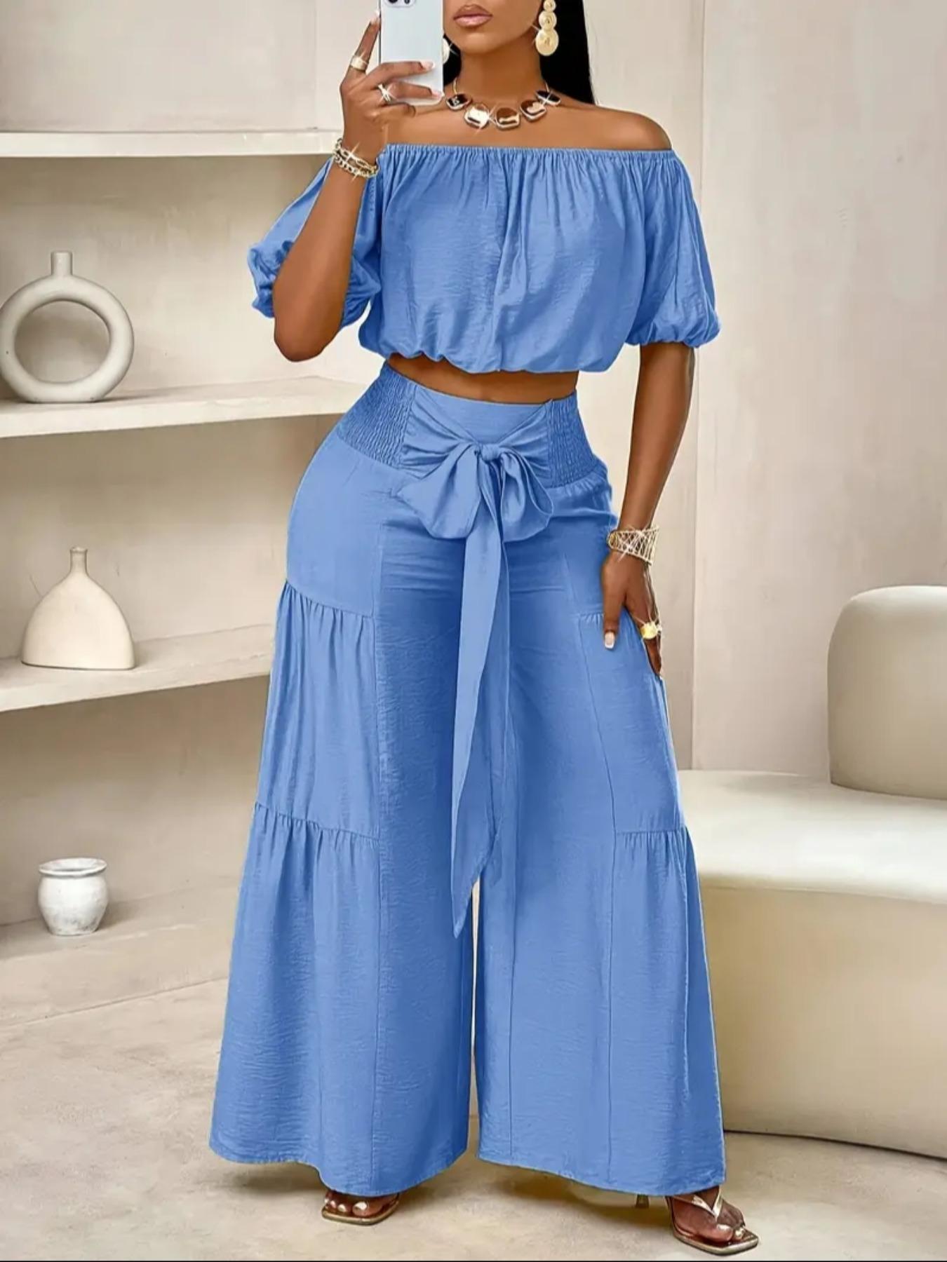 Women's Solid Off Shoulder Crop Top & Wide Leg Pants Set, Casual Breathable Lightweight Fashion Cozy Baggy Top & Trousers for Daily Outdoor Wear, Ladies Clothes for Summer, Womenswear, Two Piece Outfits for Women