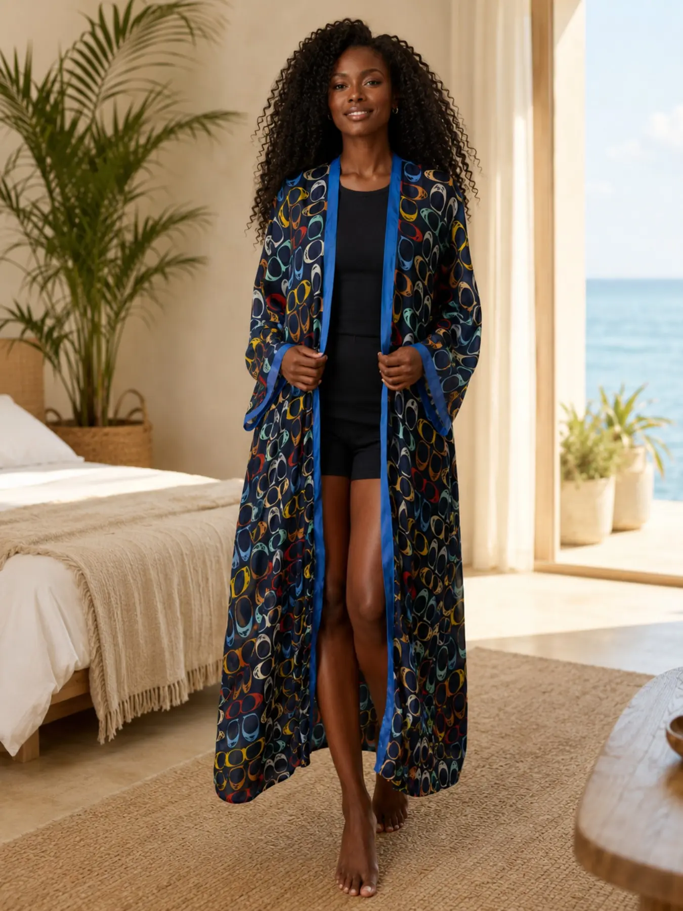 Plus Size Women Open Front Satin Caftan Robe, Navy Colorful Retro Sunglasses Print Loose Batwing Sleeve Long Sleep Robe, Curvy Casual Loungewear for Home Beach Vacation