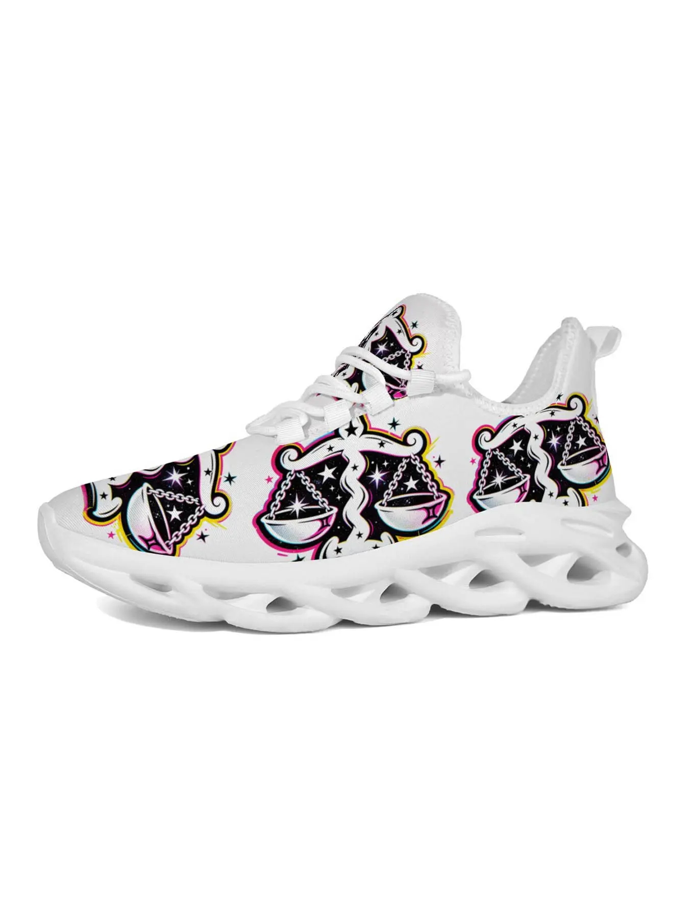 Libra Zodiac Print Sneakers, Trendy Streetwear Style, Neon Edge & Hollow Out Lightweight Sole, Artistic Constellation Totem, Versatile Classic Design