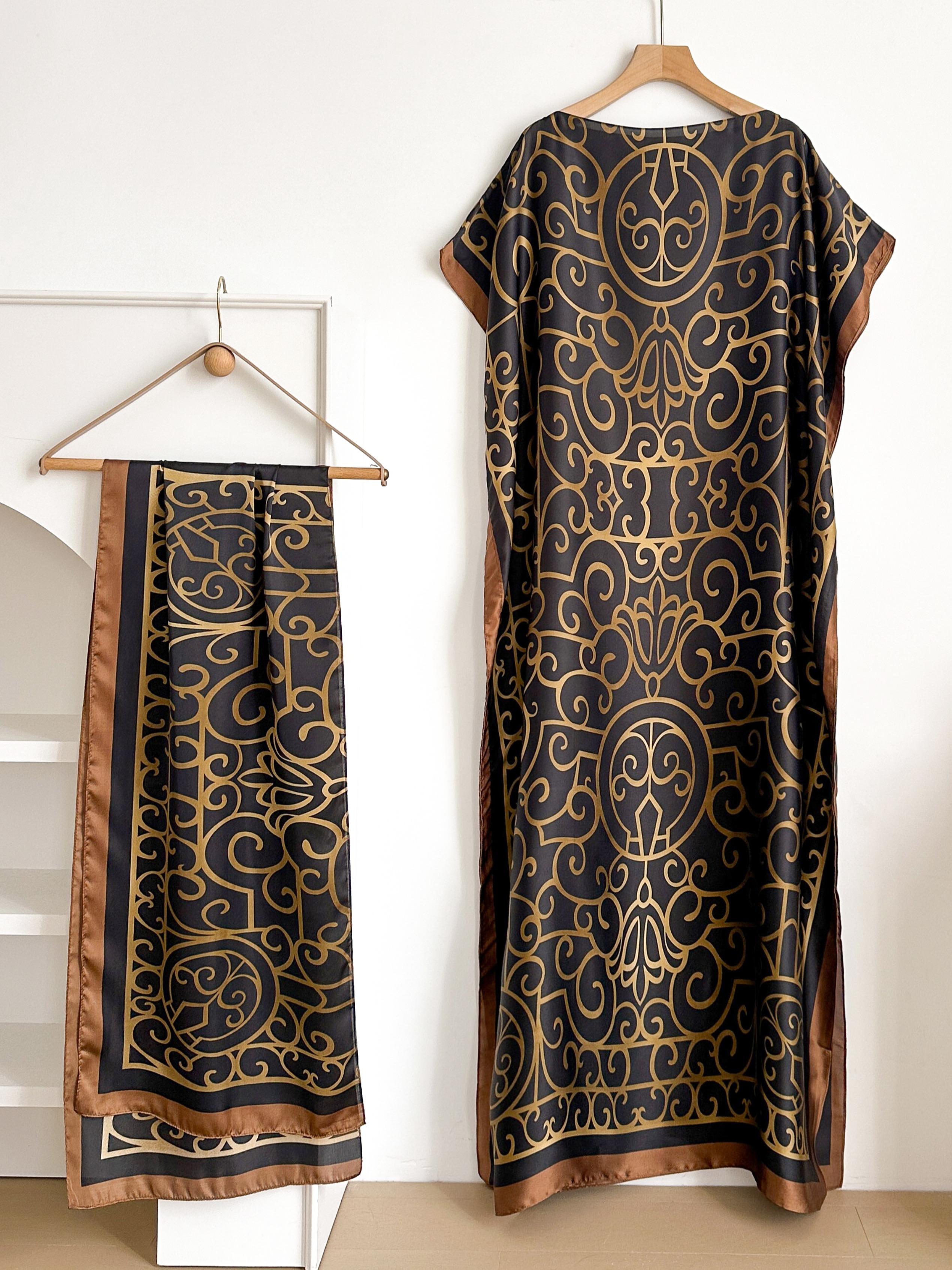 Women's Elegant Soft Cover Up Dress & Scarf Set, Casual Trendy Long Kaftan Dress & Scarf for All Seasons, Fashionable Accessories for Women