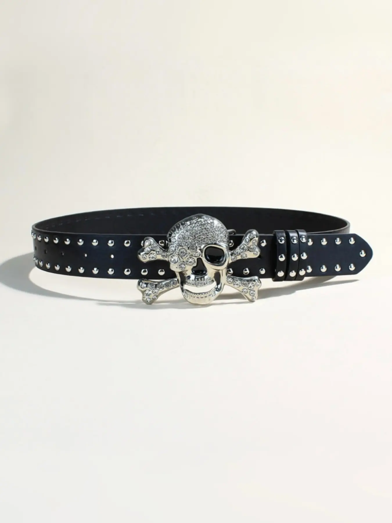 Shibuya Fashion Rhinestone Skull Belt, Statement Belt, Adjustable Punk Hip Hop Accessory, Unique Rivet Design, All-Season Subculture Wear