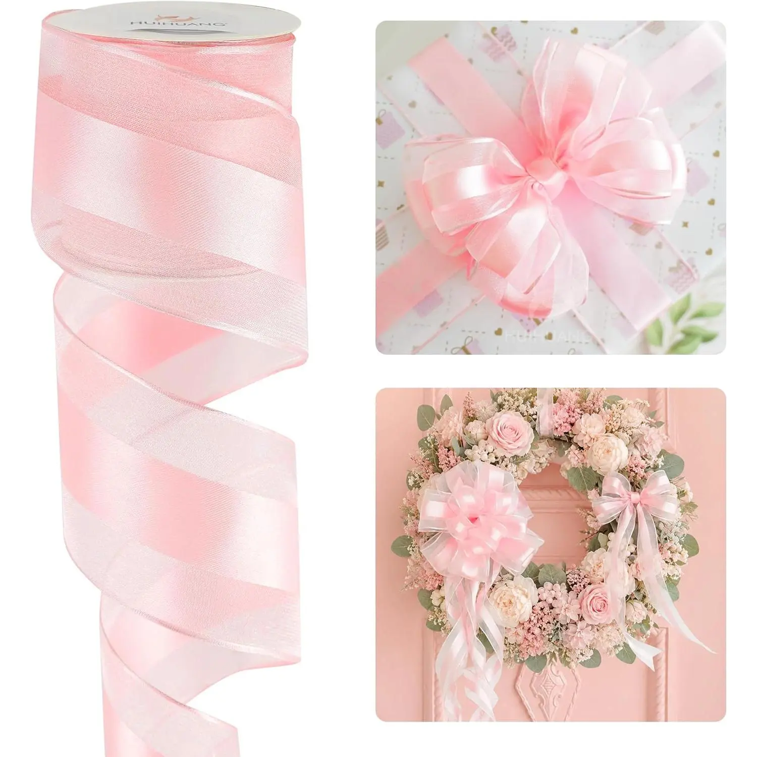 Sheer Christmas Ribbon 2.5 inch Light  Wired Organza Ribbon with Satin Stripe, for X-mas Tree, Bows Making, Wreaths,  Wrapping, Wedding Bridal Shower Decor-Continous 10 Yards