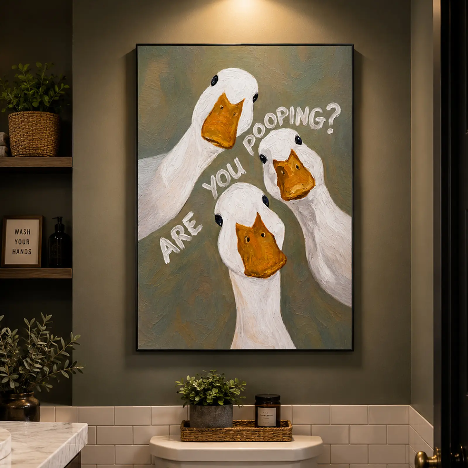 Funny Goose Bathroom Print, "Are You Pooping?" Toilet Humor Decor, Quirky Duck Art, Office Motivation Wall Art, Life Inspiration Poster, Mindset Shift Decor, Funny Bathroom Canvas, Aesthetic Room Decor, Gag Gift, Viral TikTok Decor