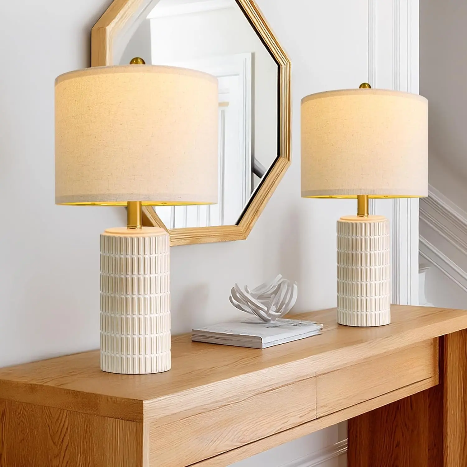 20.75" Small Modern Ceramic Table Lamps Set of 2 for Bedroom, White Bedside Lamps for Night Stands, Farmhouse Desk Home Decor Gift Nightstand Table Lamps for Living Room End Table Beige