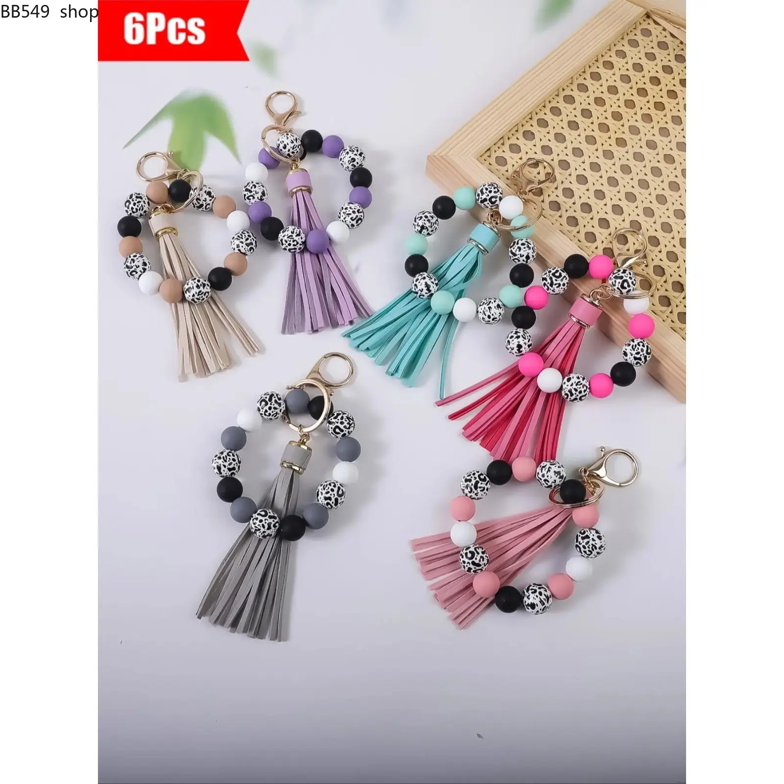 6 Pack Leopard Print Silicone Bead Wrist Keychain Set, Boho Style Trendy Wristlet Keyring Strap, Colorful Tassel Beaded Bracelet Key Holder, Cute Fashion Bag Charm & Car Key Organizer Gift for Women Girls, Holiday Friendship Present