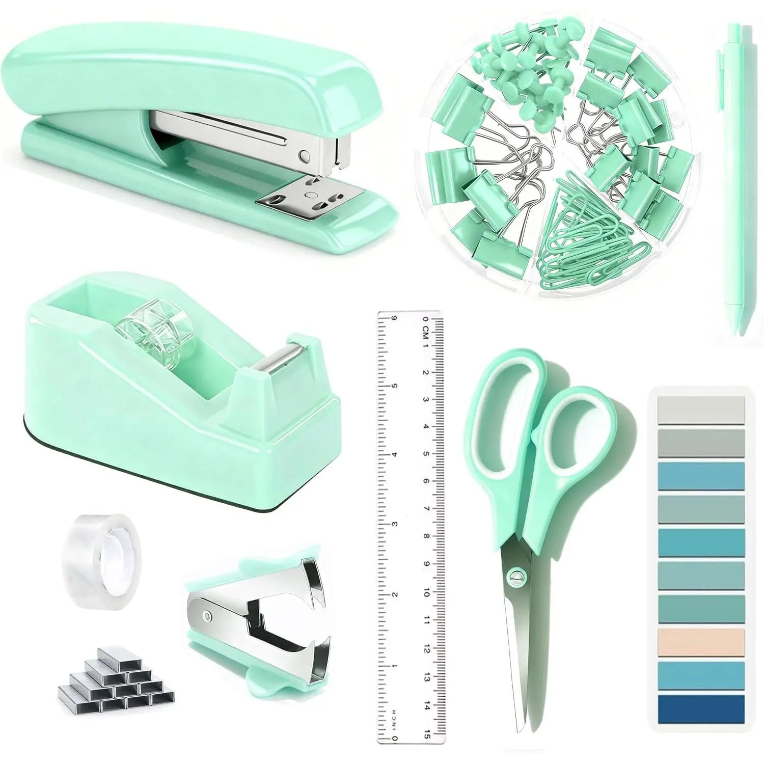 Green Office Supplies, Teal Desk Accessories Accessories with Tape Dispenser, Stapler, Staple Remover, 1000 , Tape, Clips Set, Ruler, Scissor, Pen