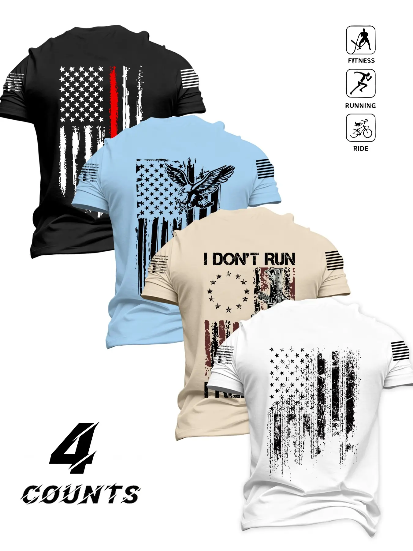 4-Pack American Flag Eagle Gun Slogan T-Shirts, Athletic Streetwear, Patriotic Retro Street Style, Breathable Multicolor, Men's Fitness Outdoor Set, Bold Athletic Tee