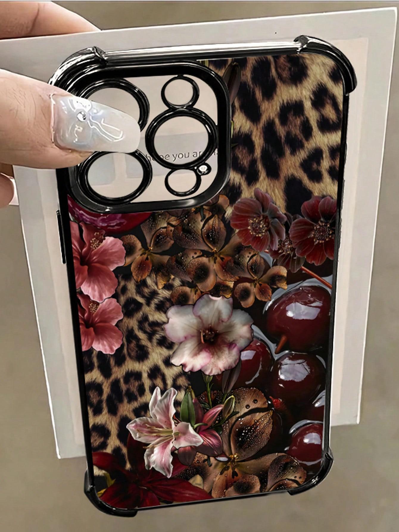 1pc Leopard Cherry Flowers Compatible With Apple Phone17/16/15/14/13/12/11/ProMax/Pro/Plus/Xs Max/XS/X,Four Corner Anti Fall Transparent Soft Shell Anti-Slip, Anti-Drop, Camera Lens Protection, Silicone Anti Wear Phone Case