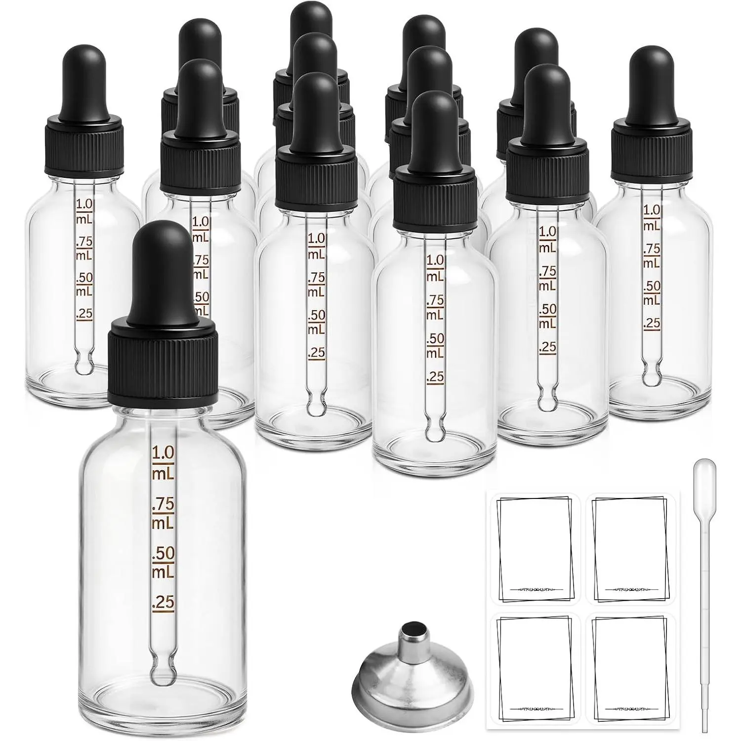 12 Pack 1 oz Clear Glass Dropper Bottles, 30ml Tincture Bottles with Graduated Glass Droppers, Funnel, Pipettes and Labels Included – Small Eye Dropper Bottles for Essential Oils, Serums, LiquidsGift