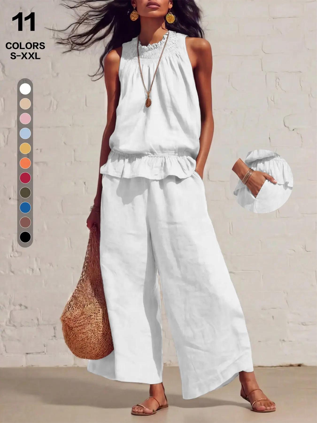Sleeveless Lettuce-Edge Top and Wide-Leg Pants Set, Casual Two-Piece, Everyday, Linen-Like Texture, 11 Colors, Sizes S–xxl, Clothes