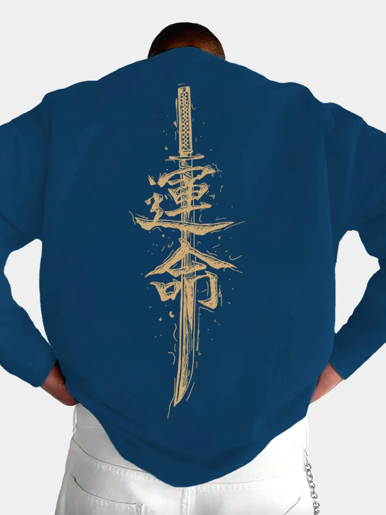 Oversized Crew Neck Sweatshirt, Back Vertical Katana Destiny Kanji Brush Print Loose Soft Japanese Streetwear Long Sleeve Top #KatanaSweatshirt #JapaneseKanjiTop #SamuraiStreetwear #BackPrintSweat #TikTokMadeMeBuyIt