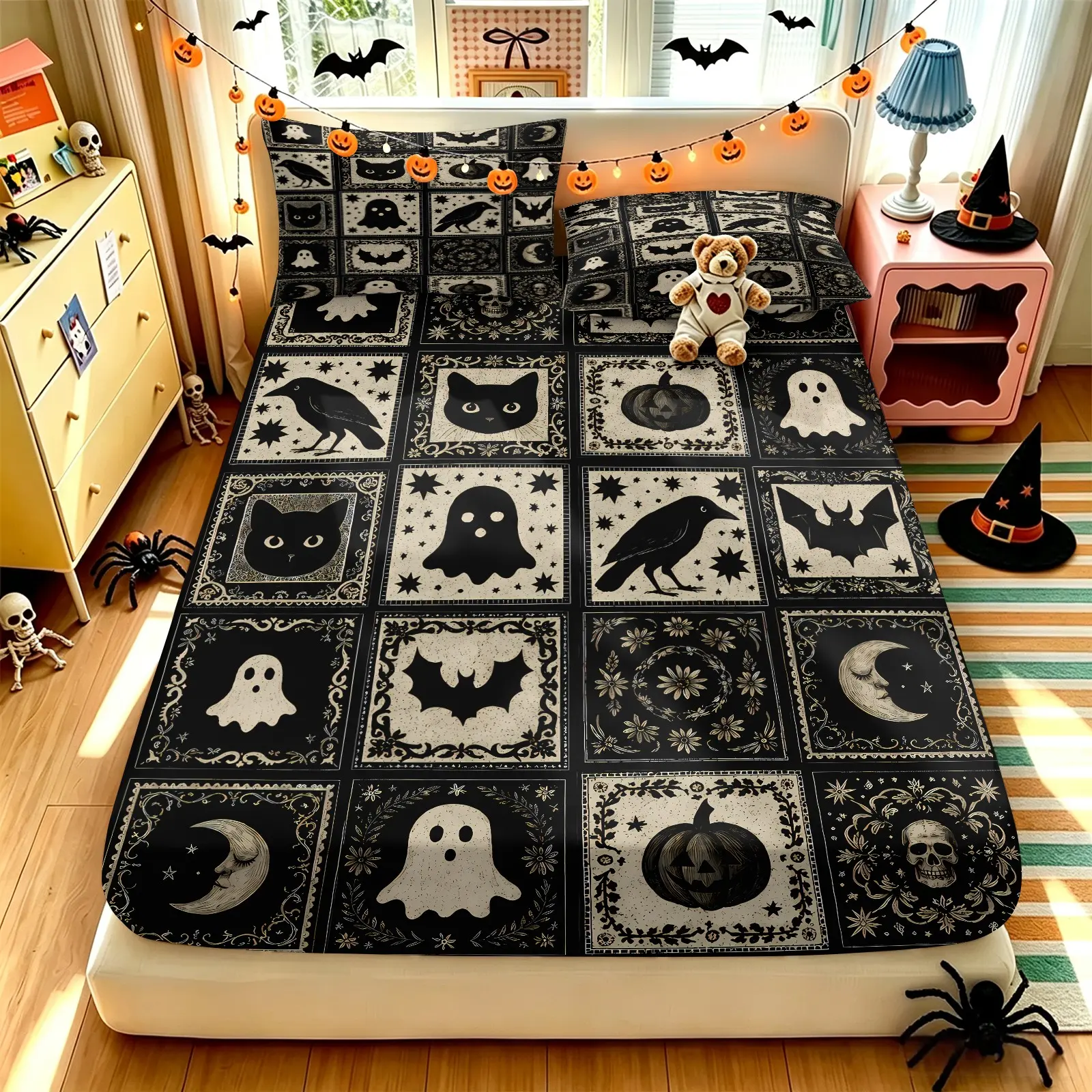 Vintage Patchwork Halloween Ghost Crow Black Cat Fitted Sheet Bedding Set (1 Fitted Sheet + 2 Pillowcases), Soft Microfiber, Stretch Deep Pocket Design, Wrinkle & Fade Resistant, Retro Spooky Holiday Bedroom Decor