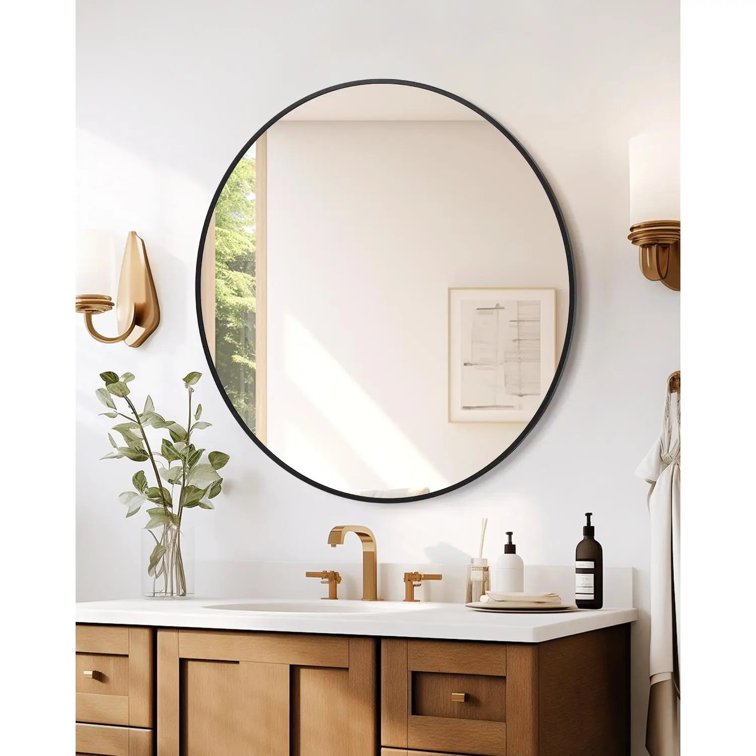 32” Round Black Aluminium 1-Piece Minimalist Elegant Farmhouse Wall Mirror, Crystal Reinforced Shatter-Resistant Fogless Glass, Easy Installation, Decorative Accent for Bathroom & Bedroom, Multi-Size (30/36in Available)
