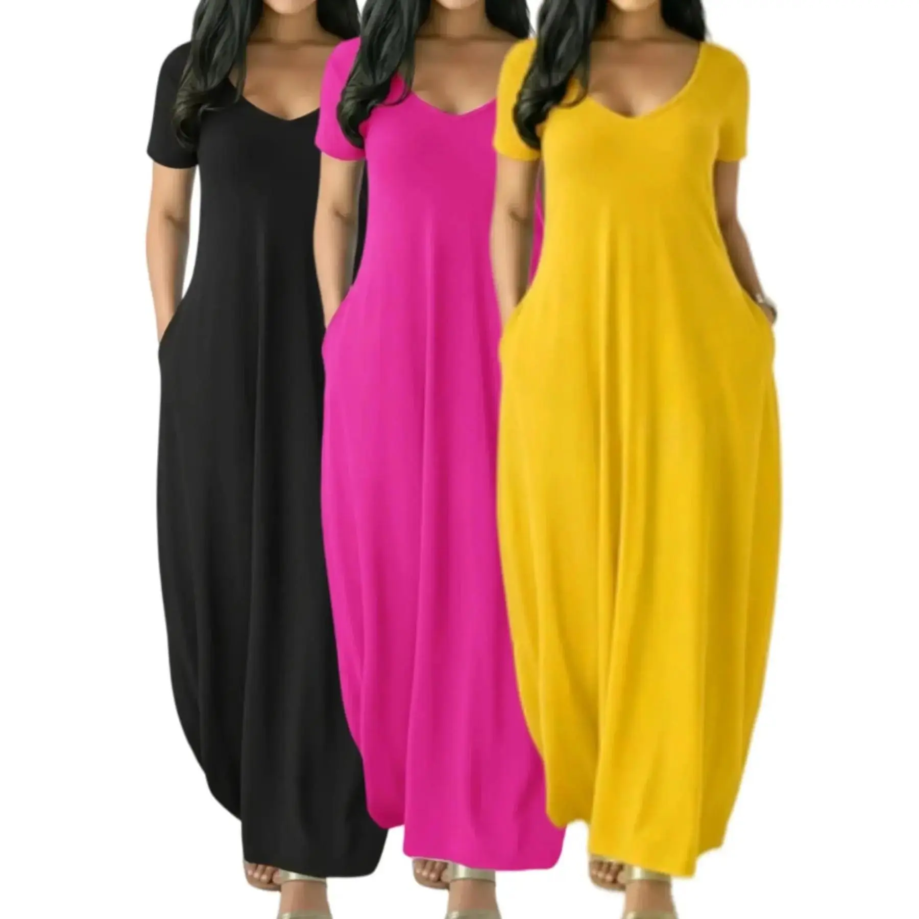 2026 Women's Basic Long Nightgown, Coffee Color, Casual Round Neck, Short Sleeve, Pocket Sleepwear, Soft & Comfortable, All-Season Loungewear