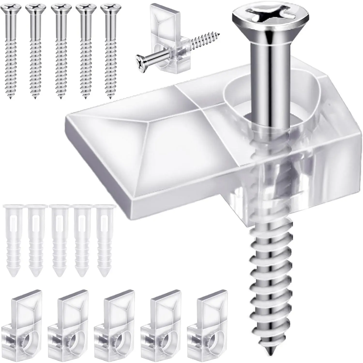 32Pack Clear Plastic Mirror Holder Clips, Frameless Mirror Mounting Hardware with Screws for Cabinet, Glass, Wall, Door, Picture Frames