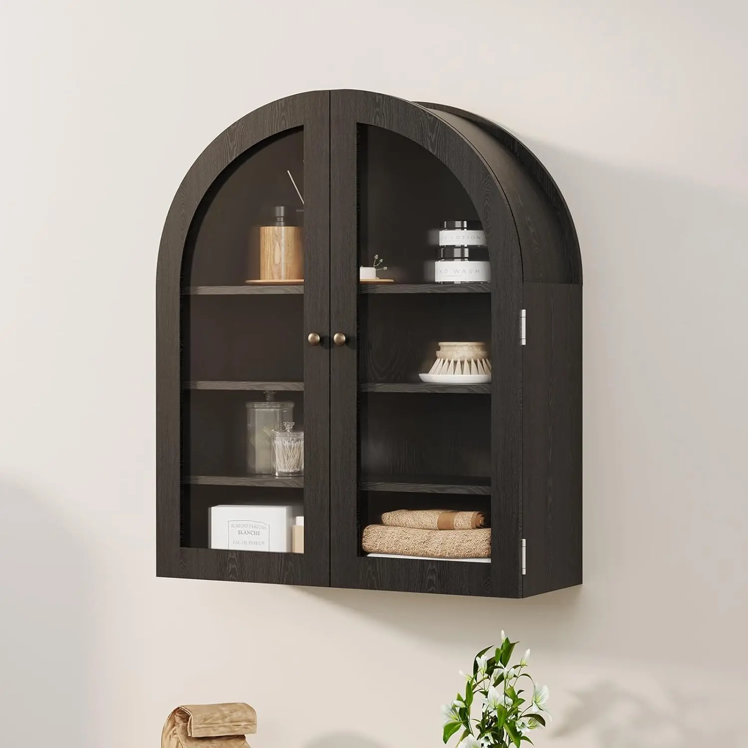 Small Arched Wall Cabinet with Acrylic Doors & Adjustable Shelves, Modern Black Wood Wall-Mounted Storage Cabinet for Kitchen, Bathroom, Laundry Room, Compact & Space-Saving- Black