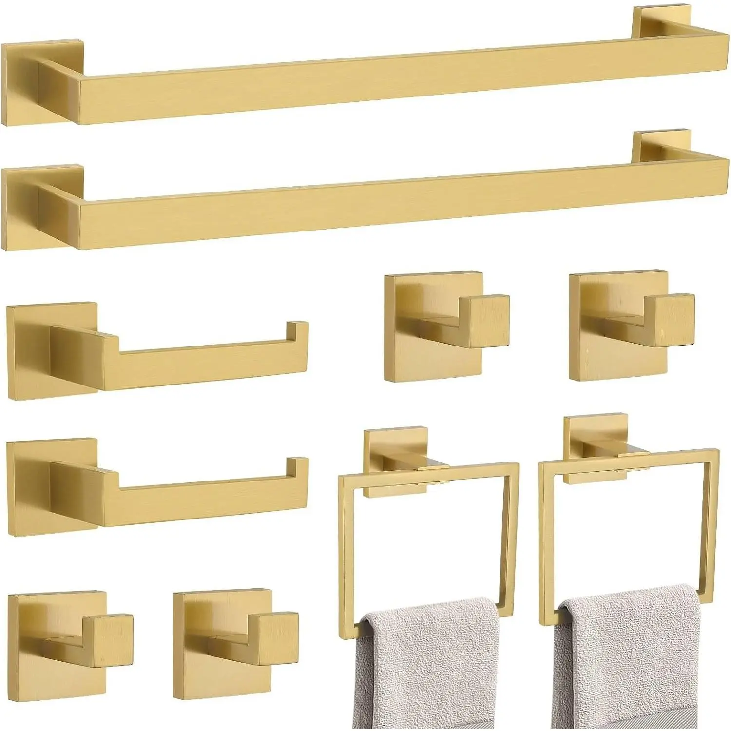 10-Piece Modern Stainless Steel Bathroom Hardware Accessories Set - SUS304, Corrosion-Free, Wall-Mounted, 23.6-Inch Brushed Gold Square-End Towel Bar Holder for Bathroom Use