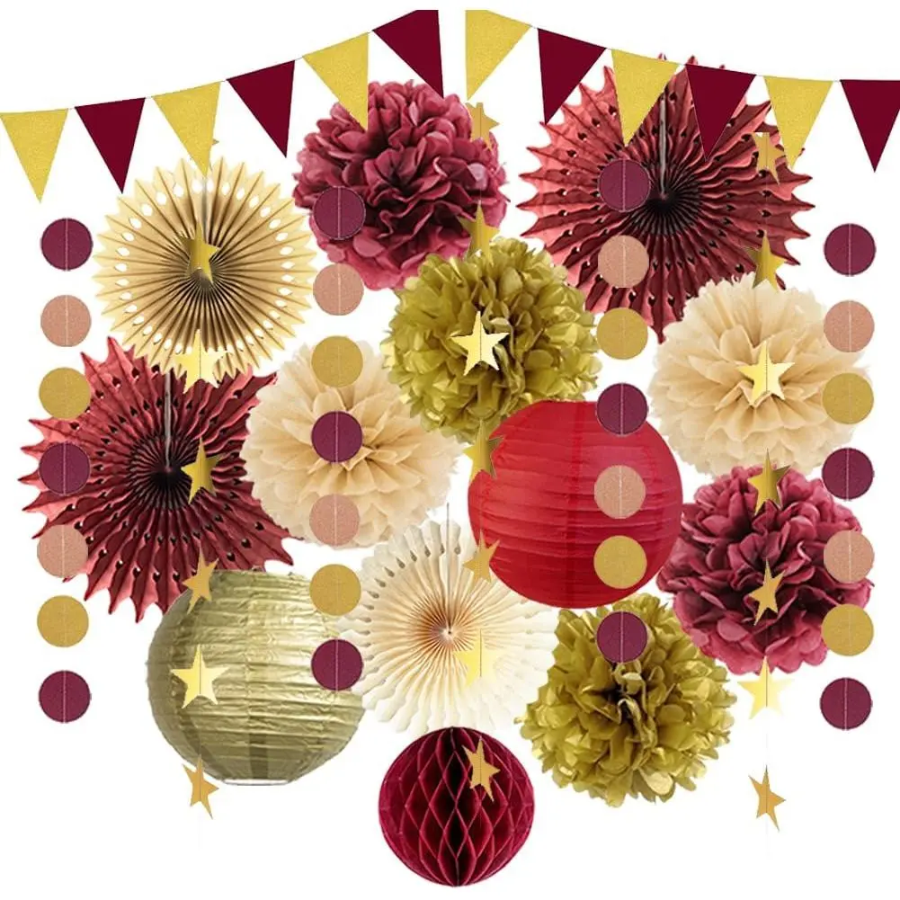 2026 Maroon and Gold Graduation Decorations Set, Tissue Paper Pom Poms, Lanterns, Burgundy Glitter Dots, Triangle Pennant Hanging Banner for Graduation Parties