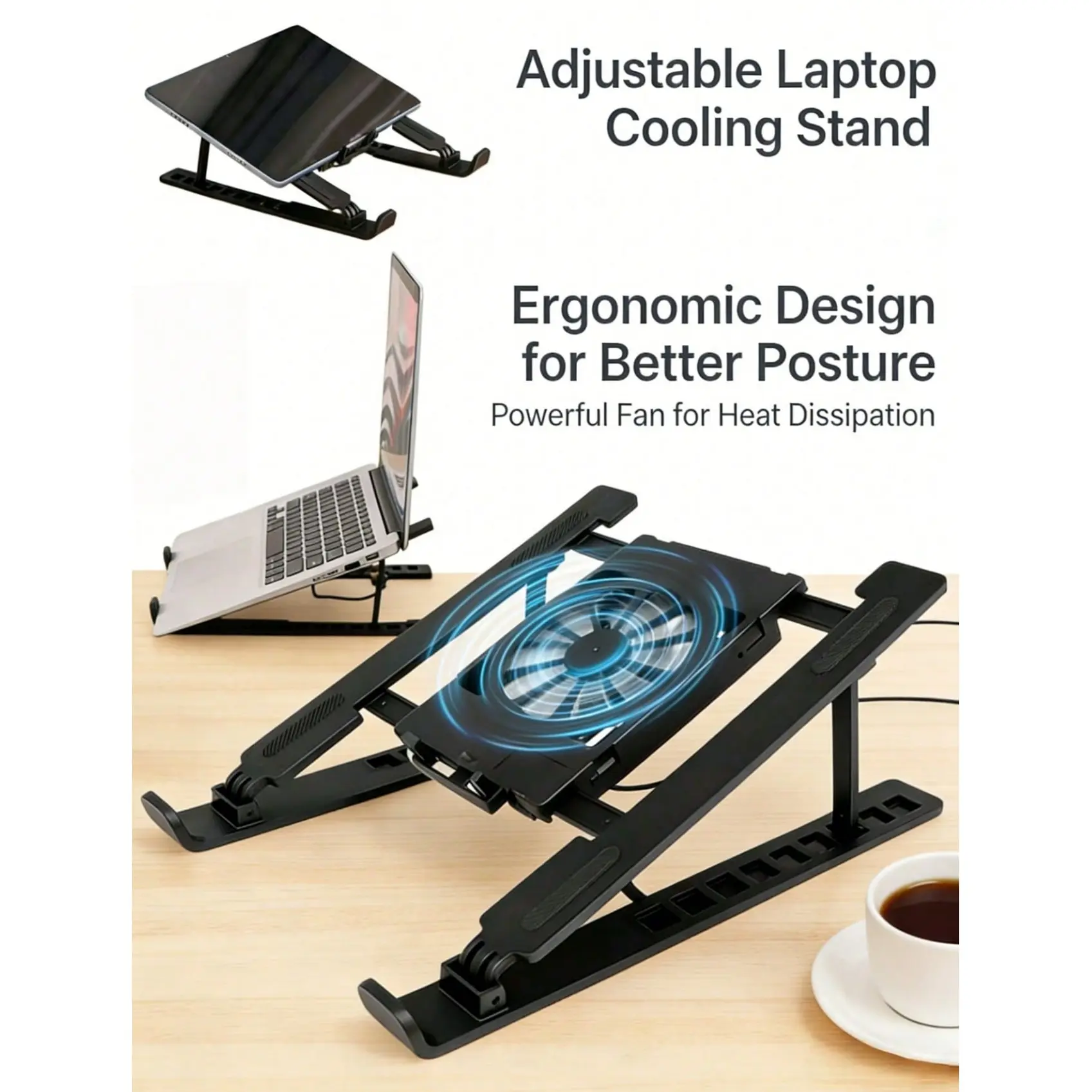 Adjustable Laptop Cooling Stand, Laptop Fan Cooling Pad, Foldable Design, High Airflow Low Noise, Portable Cooler Base for Home Office, Multiple Scenarios, Cooling Strong Airflow