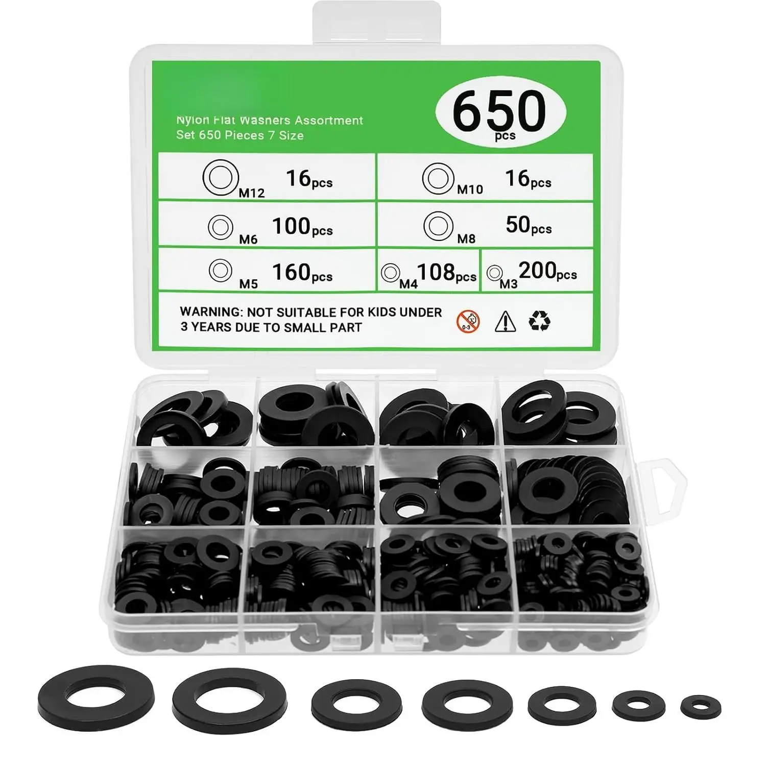 650-Pieces Nylon Flat Washer for Screws , 7 Sizes Black Plastic Washers  Kit (M3-M12),  Screw Washers Washer Set for Household & Commercial