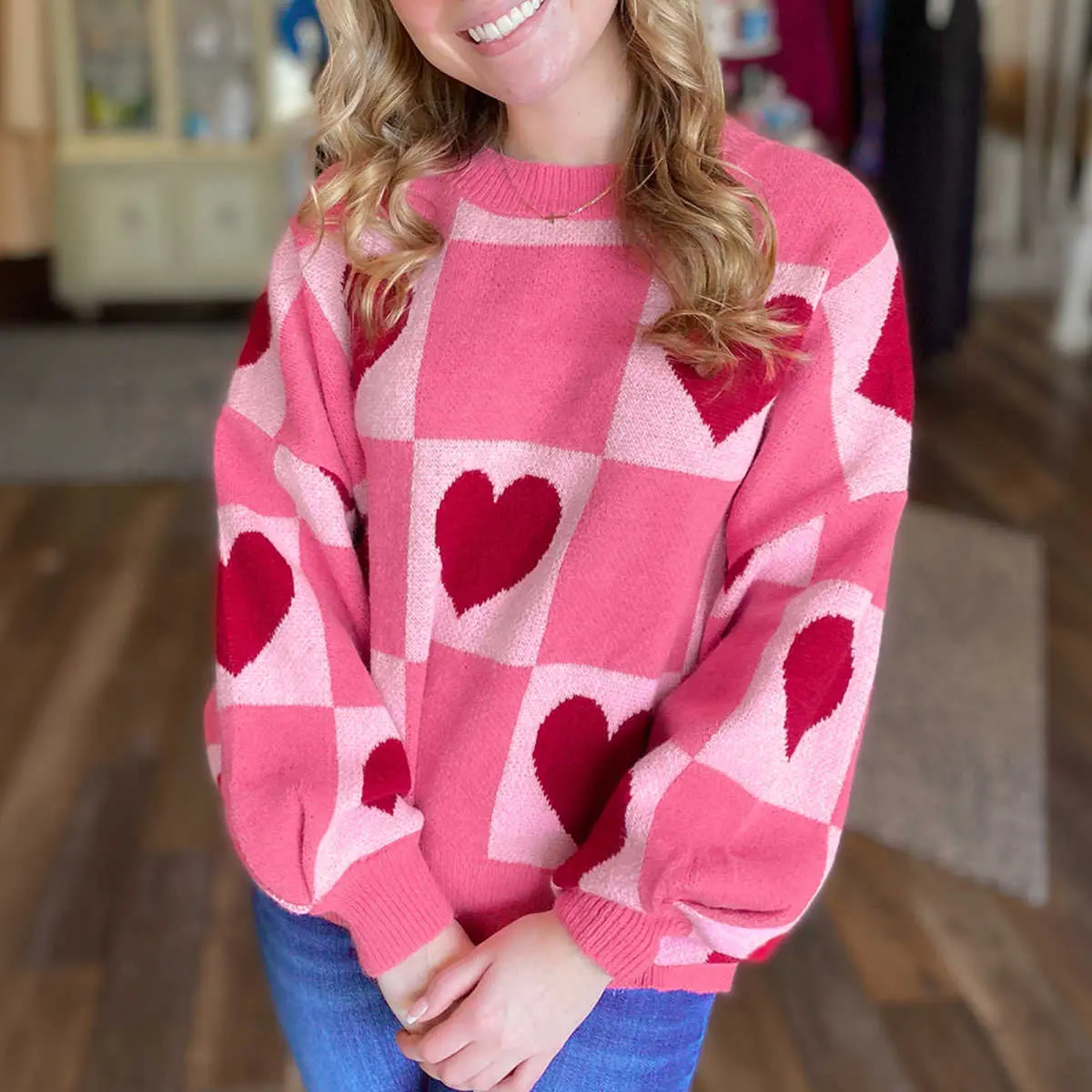 BF Women's Blush Pink Heart-Checkered Oversized Crew Neck Knit Pullover Sweater - Soft Cozy Long-Sleeve Casual Top for Valentine's Day