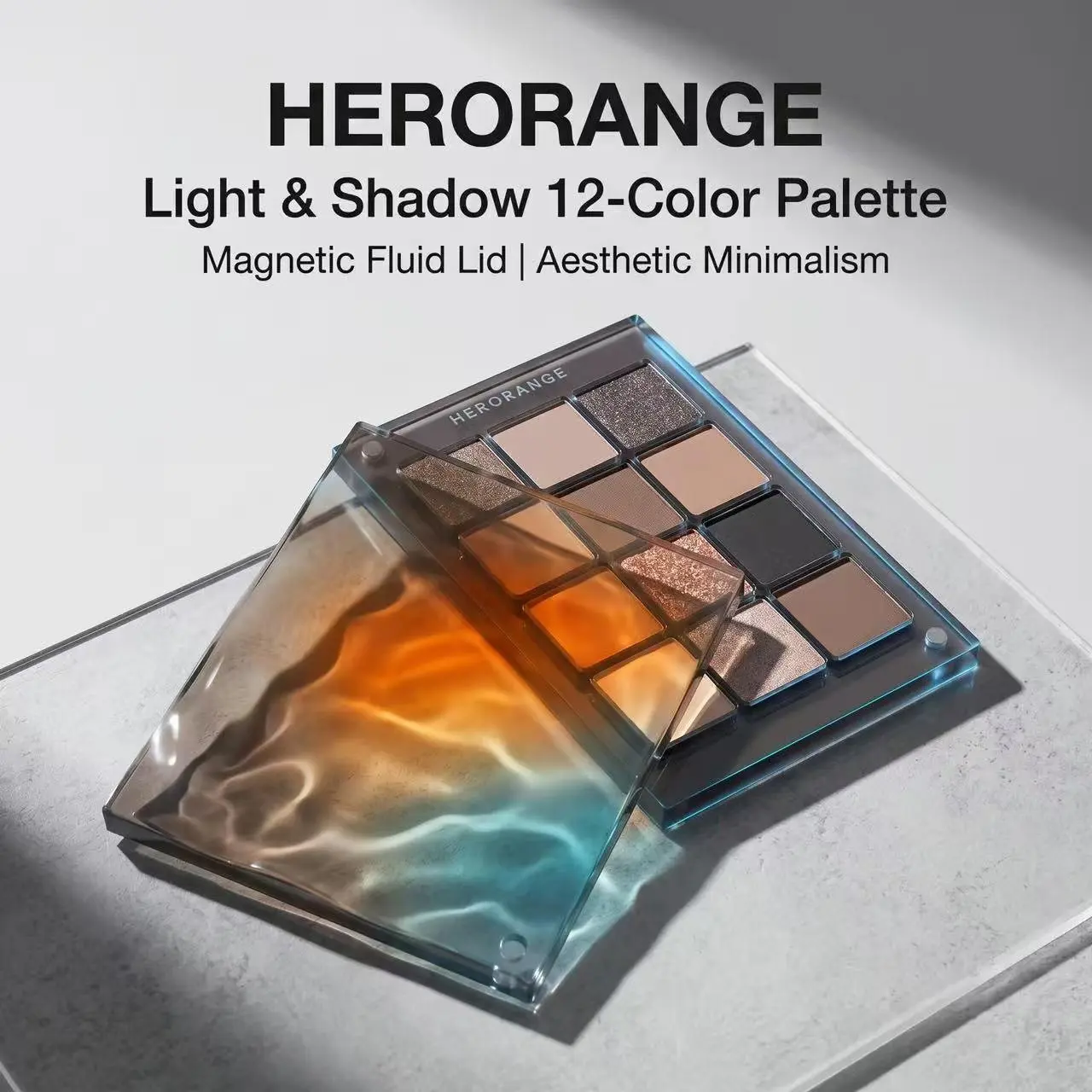 HERORANGE Light & Shadow 12-color eyeshadow palette, Sparkly shimmer eyeshadow, features magnetic lid for secure closure, includes matte, shimmer, glitter and black shades with earthy milk tea tones for daily and party looks, high-adhesion