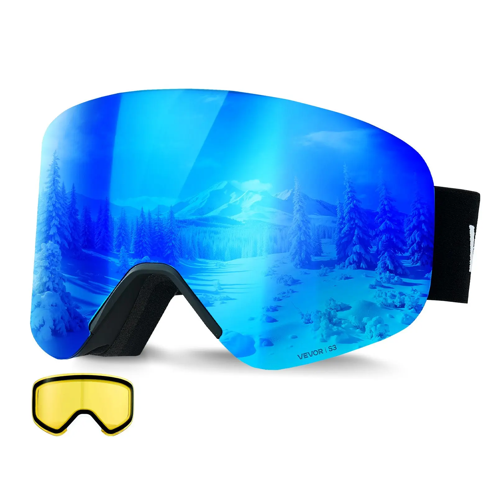 VEVOR Frameless Ski Goggles, Magnetic Dark Blue Revo-Coated Cylindrical Lens, OTG Anti-Fog TPU Frame/Glasses with Elastic Strap & Anti-Fog Vent for Men, Skiing Snowboarding Use, Adjustable Strap