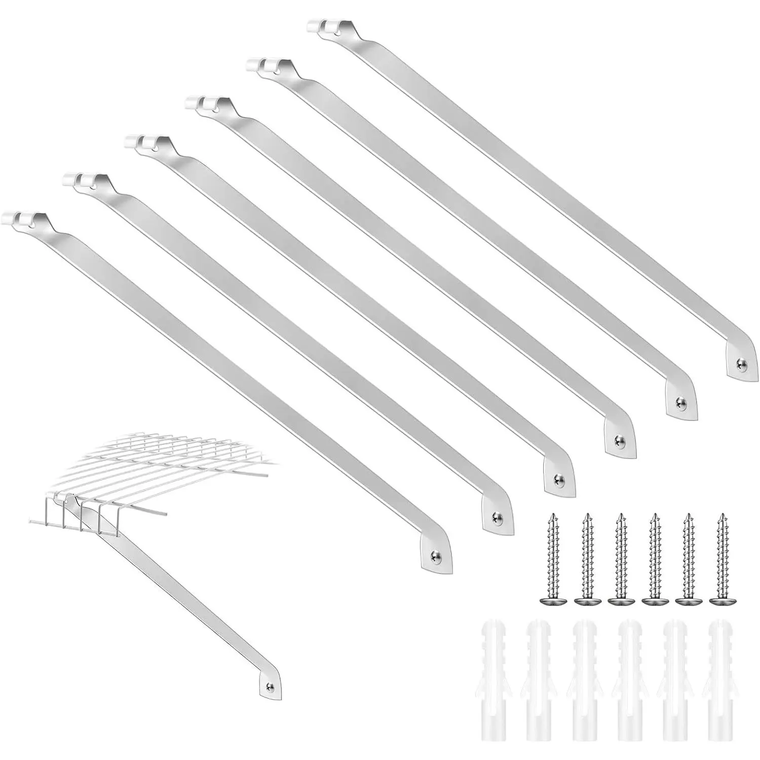 Women's Wire Metal Bracket Set - 6 Pcs for 16in Wide Shelving & Closet Rod, Includes Anchors and Pins for Installation