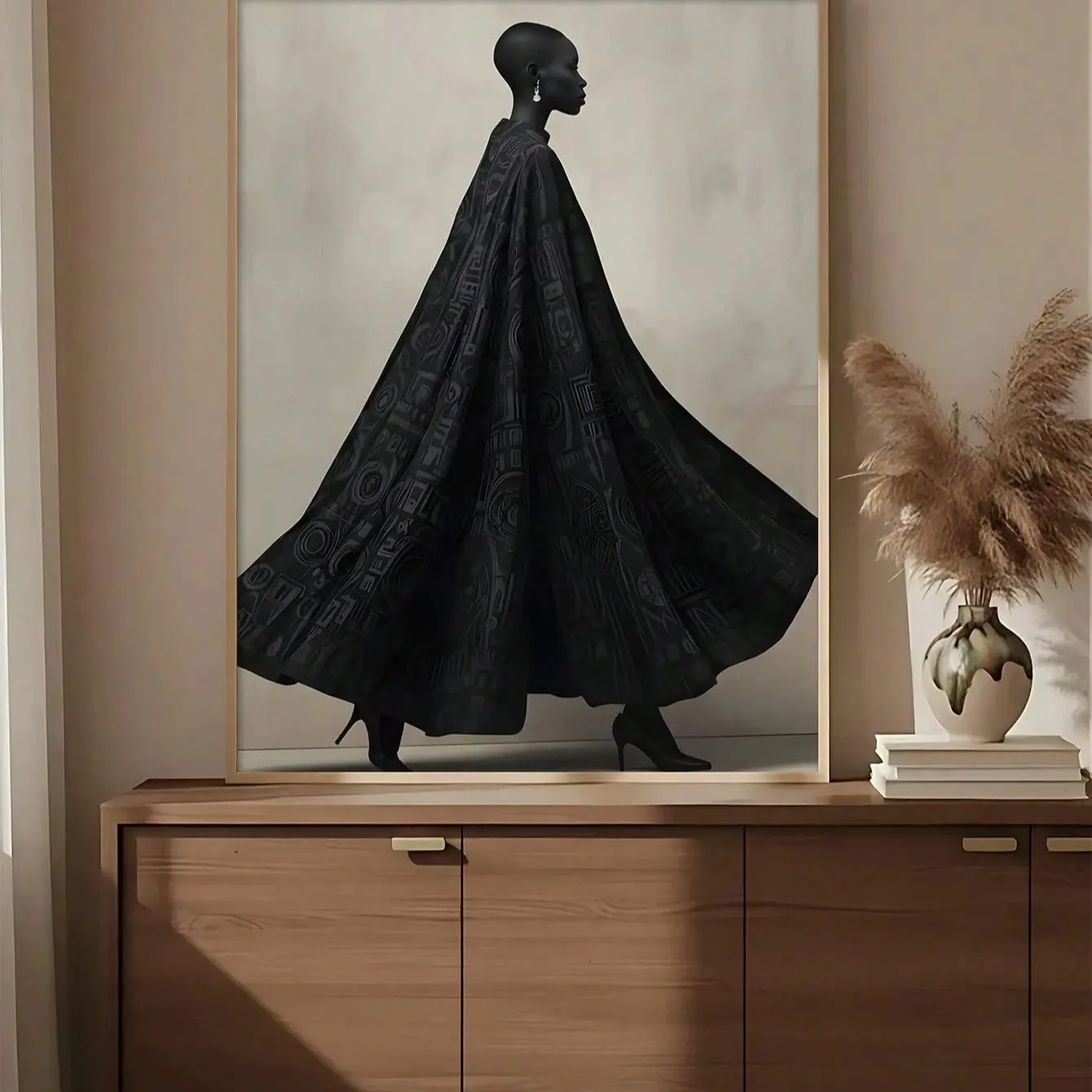 1pc High Fashion Black Character Portrait Wall Art Print, Elegant Bald Model With Retro Pattern Oversized Cloak Luxury Fashion Poster, Minimalist Beige Background Advanced Sense Decor Painting For Hotel Living Room Entrance Home Wall Decor, No Frame