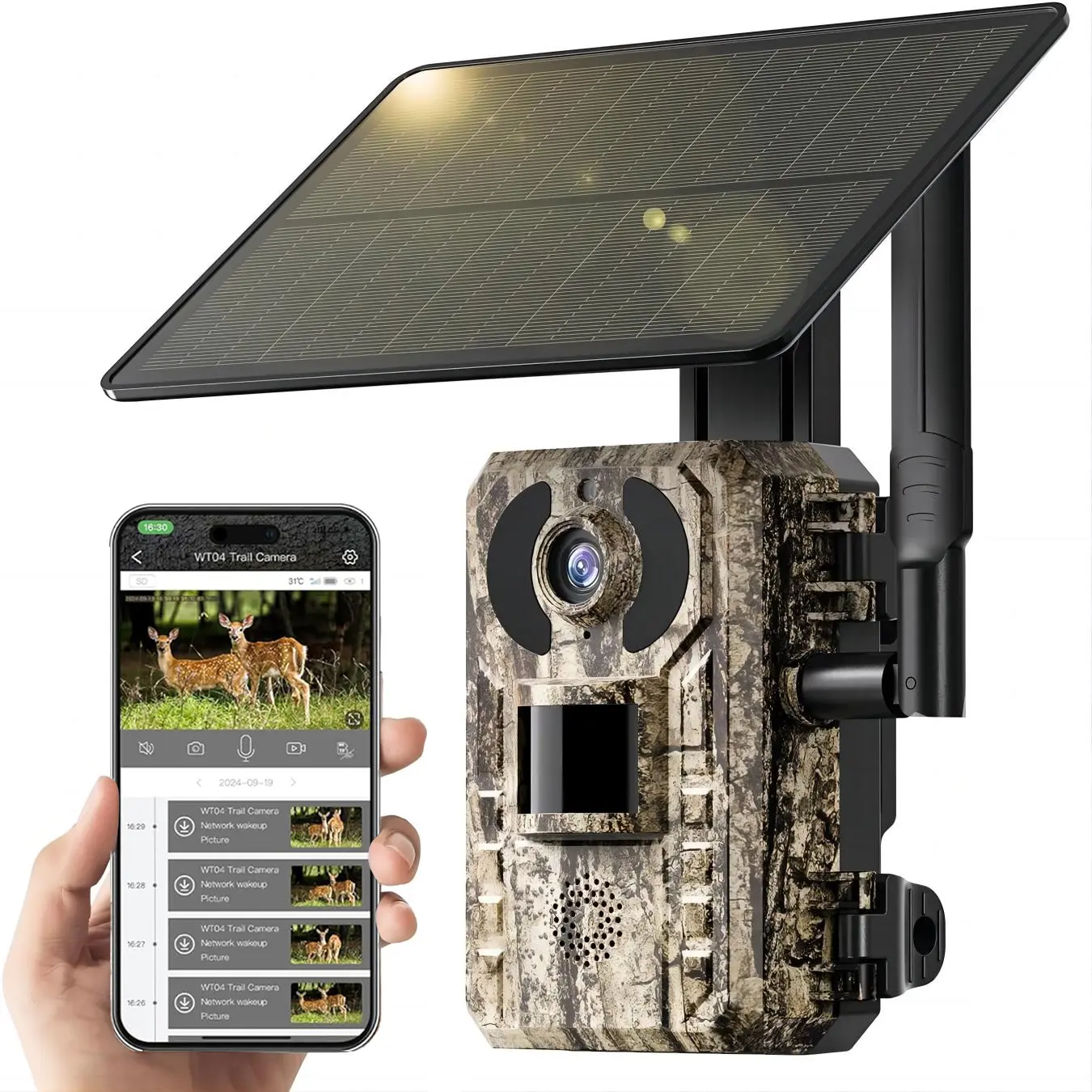 4G LTE Solar Powered Hunting Trail Camera 2K Live Feed 0.1s Fast PIR Trigger Low-Glow Night Vision IP66 Waterproof Remote Control APP Control Wildlife Game Cam Built-In Cellular Card No Wi-Fi, Requires 4G Unlimited Data Plan Activation