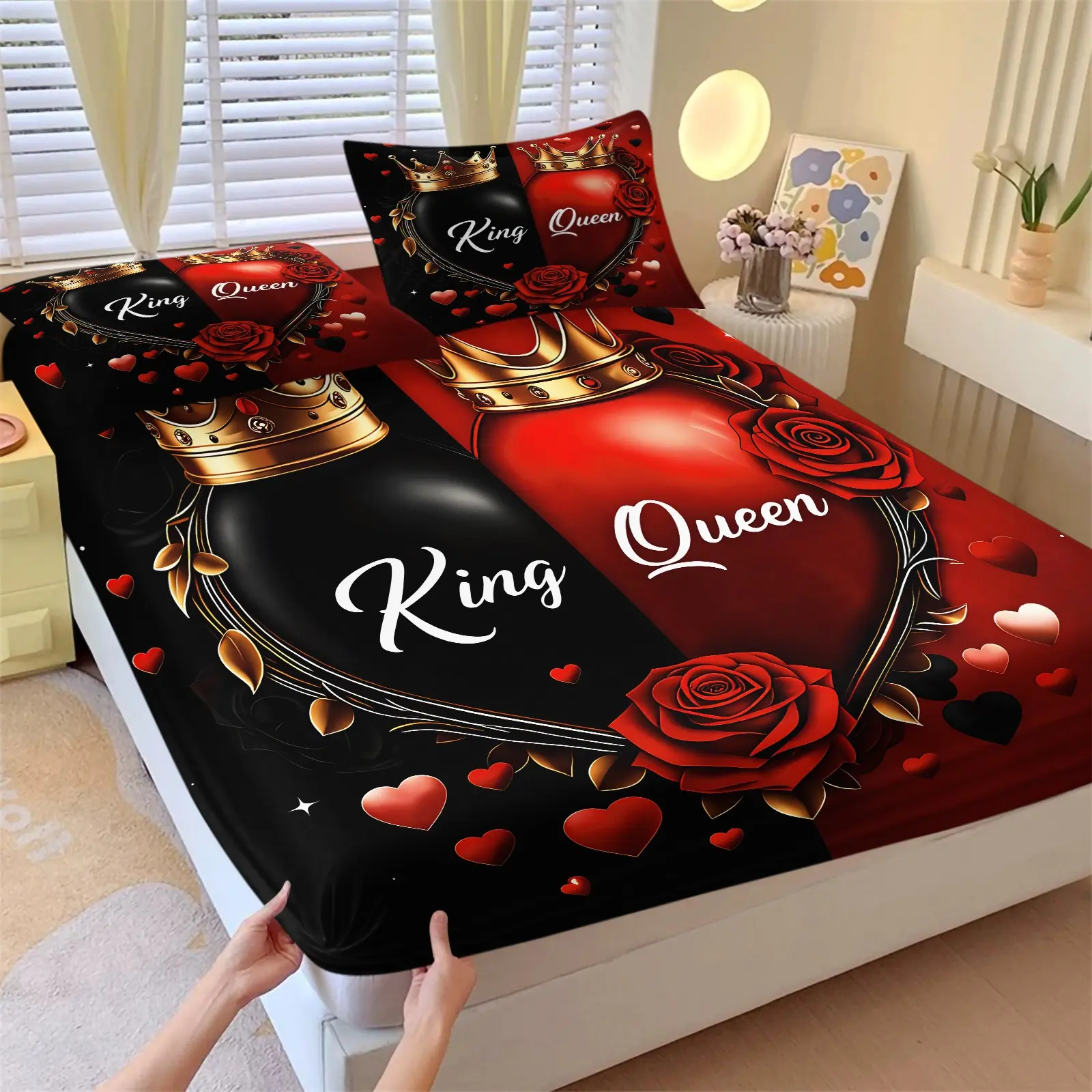 3Pcs King Multiple Couple Crown Heart Fitted Sheet Set Deep Pocket Soft Microfiber Romantic Rose Pattern Mattress Cover Set Luxury Matching Bedding For Couple Bedroom Anniversary Home Decor