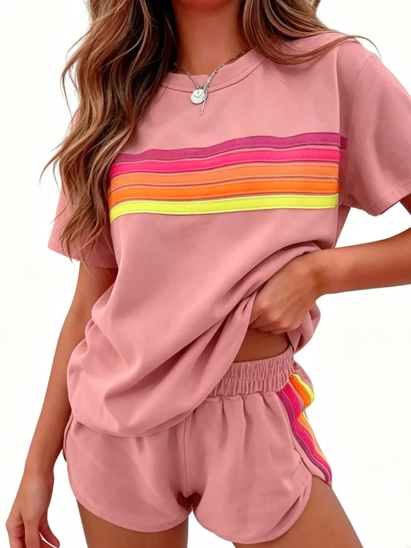 Spring Summer New Women Lounge Sets Casual Contrast Color Fashion Dolphin Pants Short Sleeve Shorts Homewear 1 Piece