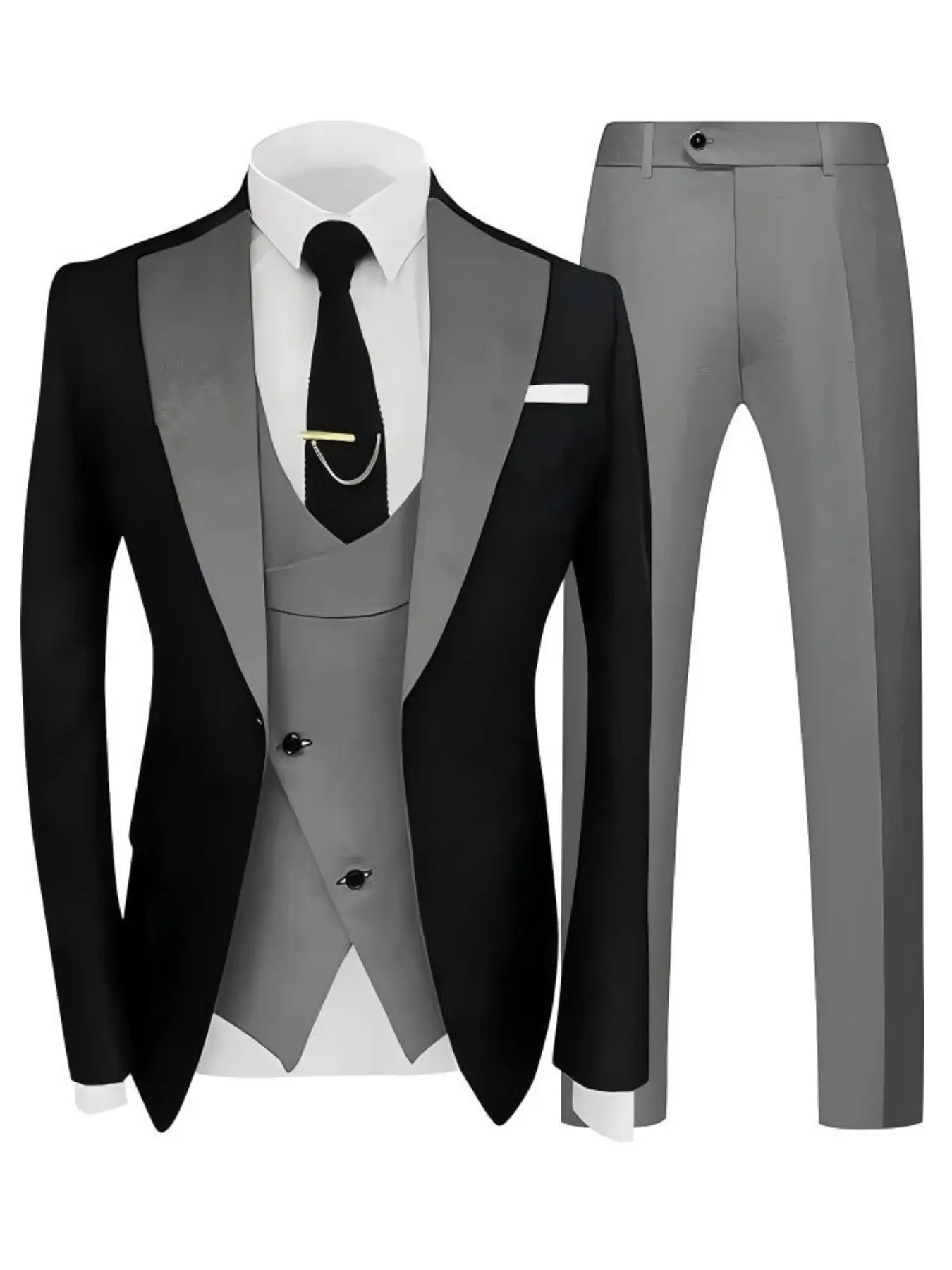 Men's Spring High-Quality Business Blazer Set, Slim-Fit Colorblock Double-Breasted Tailcoat, Luxury Groom Wedding Suit, 3-Piece Set