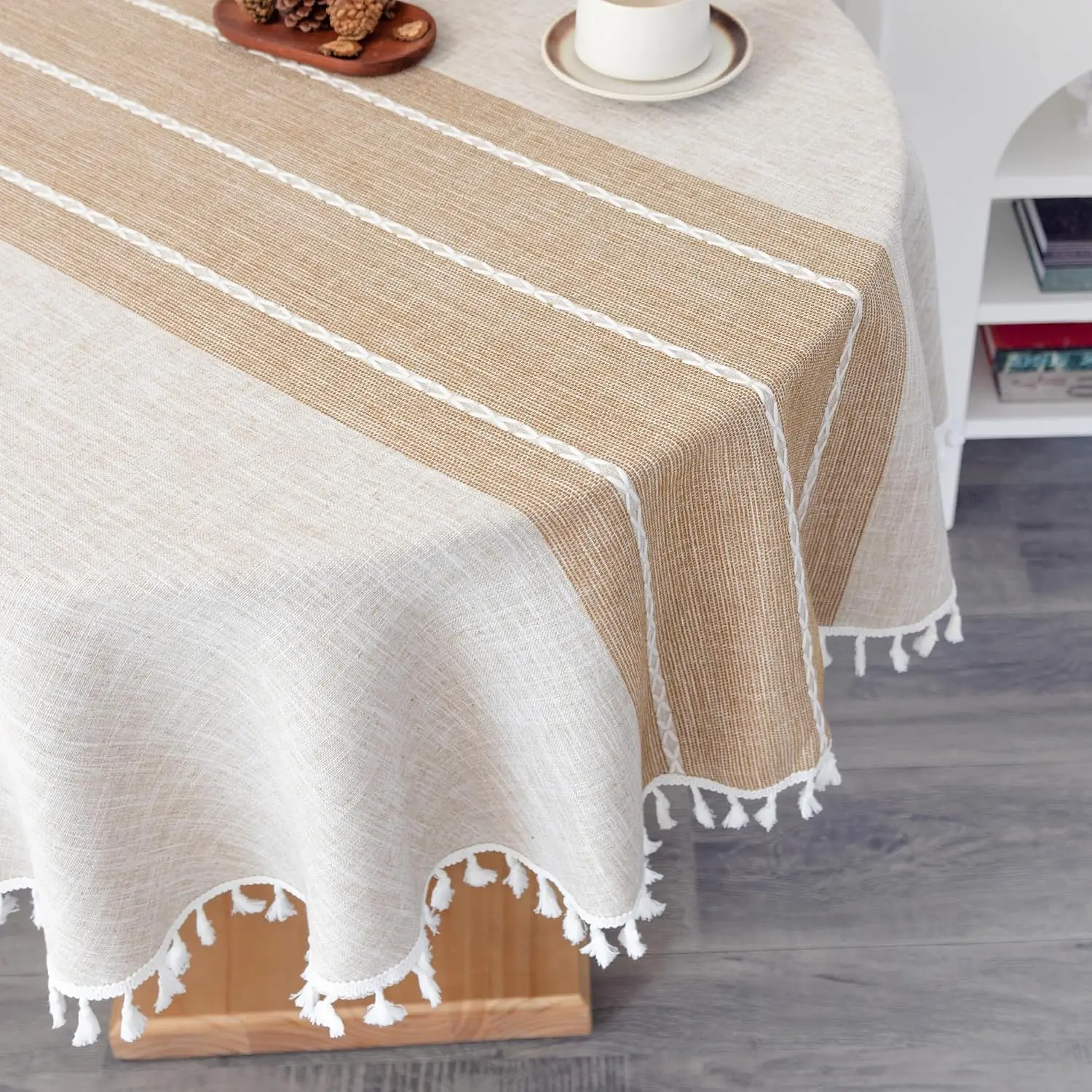Pet-Friendly 52-in Rustic Cotton-Linen Fabric Round Tablecloth with Tassels - Waterproof, Splash Resistant, Washable, Wrinkle-Free, Exquisite Craftsmanship for Birthday, Wedding, Picnic, Indoor Dining Tables, Coffee Tables