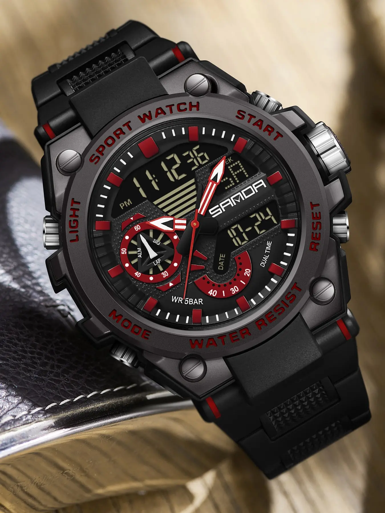 Sanda 3302 Men's Sport Watch, Dual Display, 50m Waterproof, Night Glow, Shockproof, Tpu Strap, Quartz Movement, All Seasons