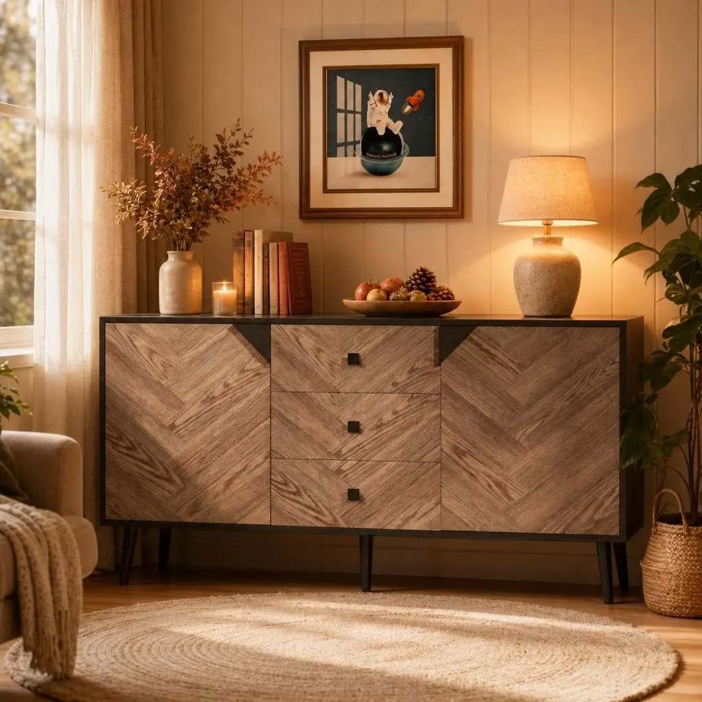 Garvee Walnut Black Storage Cabinet, Modern Home Organizer Cabinet with Large Capacity, Durable Melamine Board Cabinet for Kitchen, Living Room, Bedroom, Entryway, Bathroom, 55.12 x 15.75 x 27.56 Inches
