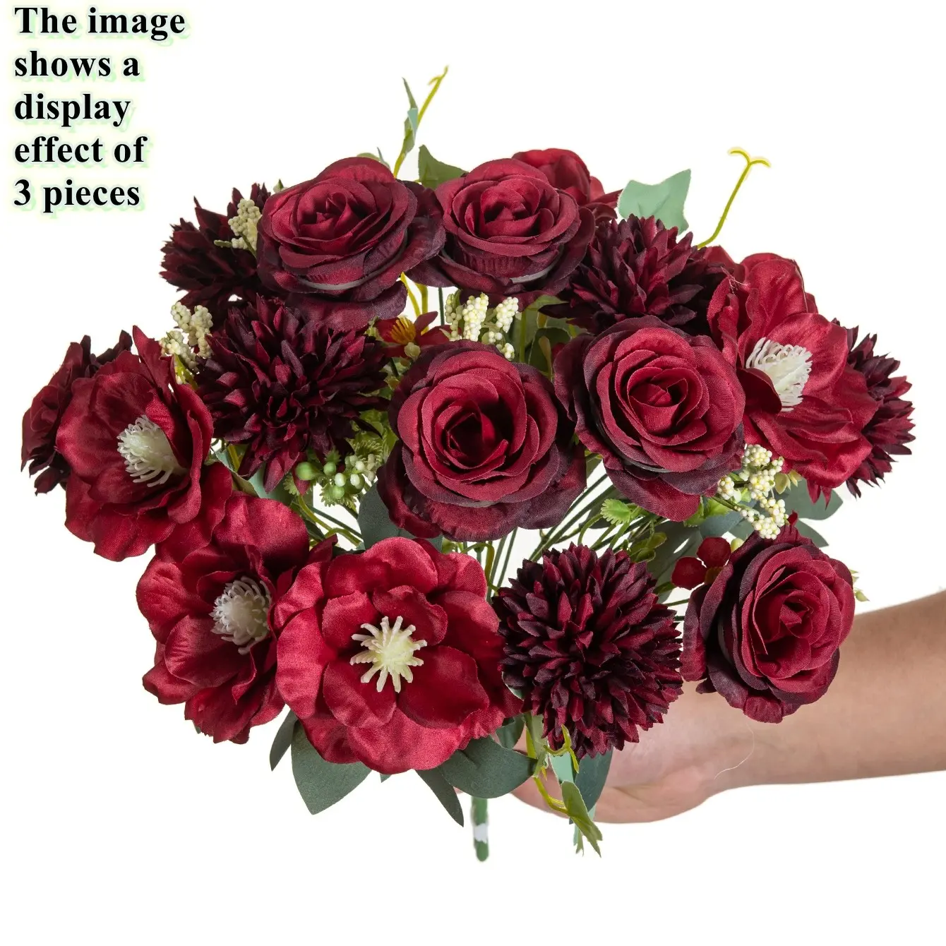 3pcs artificial flower Wine Red Rose, UV resistant and romantic, suitable for party, home decoration, wedding, garden, office, indoor and outdoor use, birthday,Thanksgiving, Halloween and other festivals, suitable for decoration in all seasons in autumn