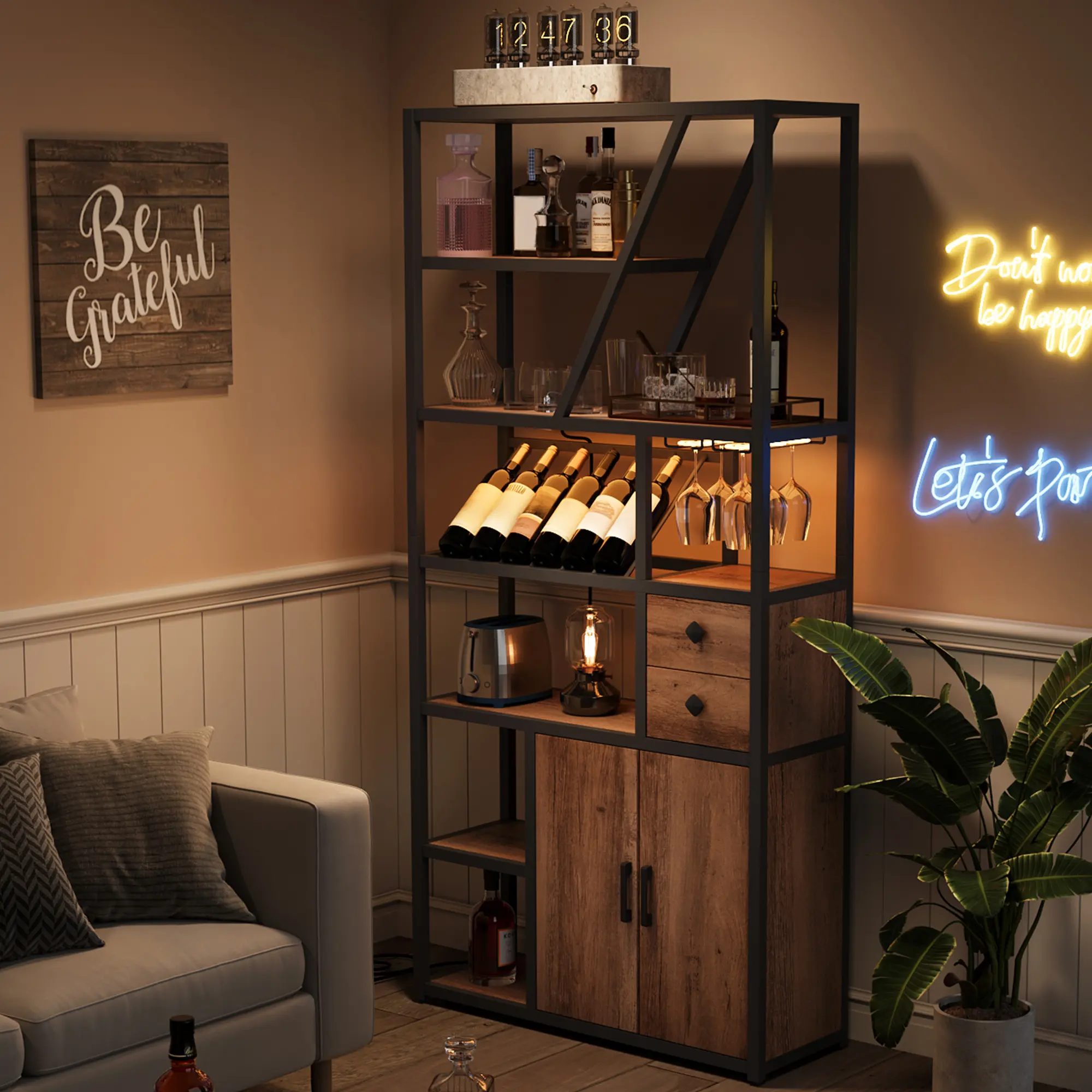 Rustic Wood and Metal Wine Bar Cabinet, Storage Liquor Cabinet with Closed Doors & Drawers, Multifunctional Home Furniture for Storing Wine, Tableware and Sundries