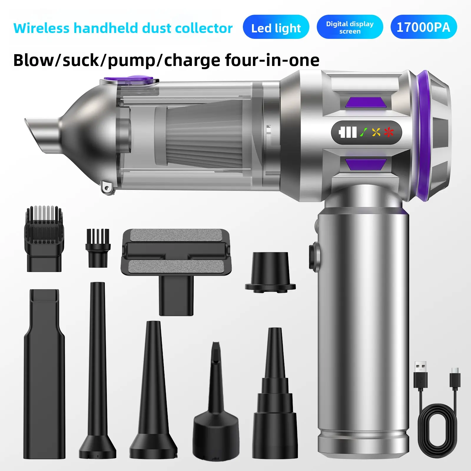 17000pa Strong Handheld Vacuum Cleaner Battery, 4-In-1 Lightweight Blower & Vacuum, LED Display and USB Charging, Ideal for Car Home Pet Hair Cleaning